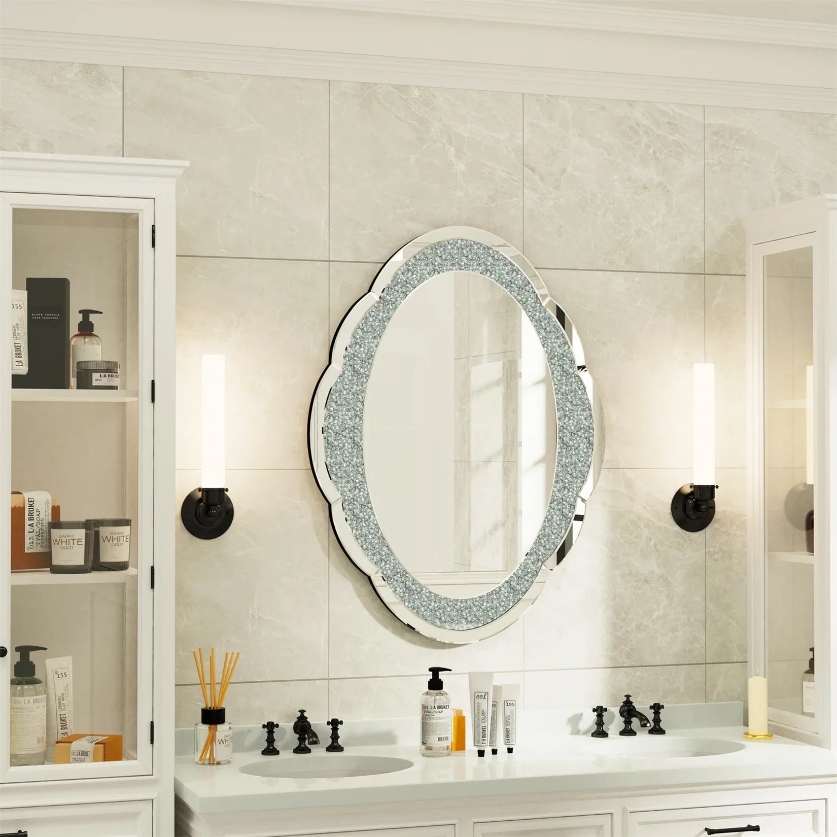 Miroir cadre cristaux salle de bain double vasque.