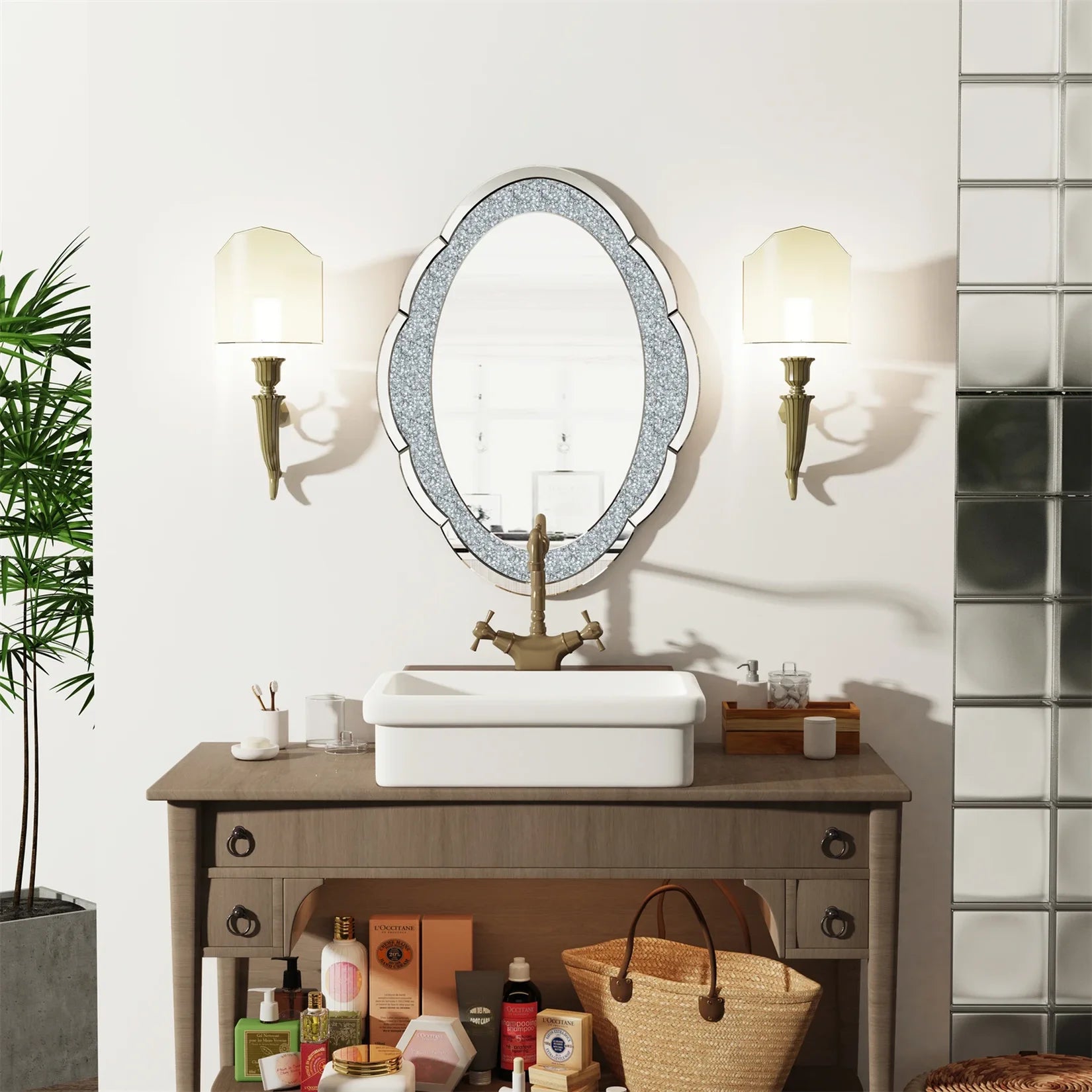 Miroir cadre festonné cristaux meuble vasque rétro.