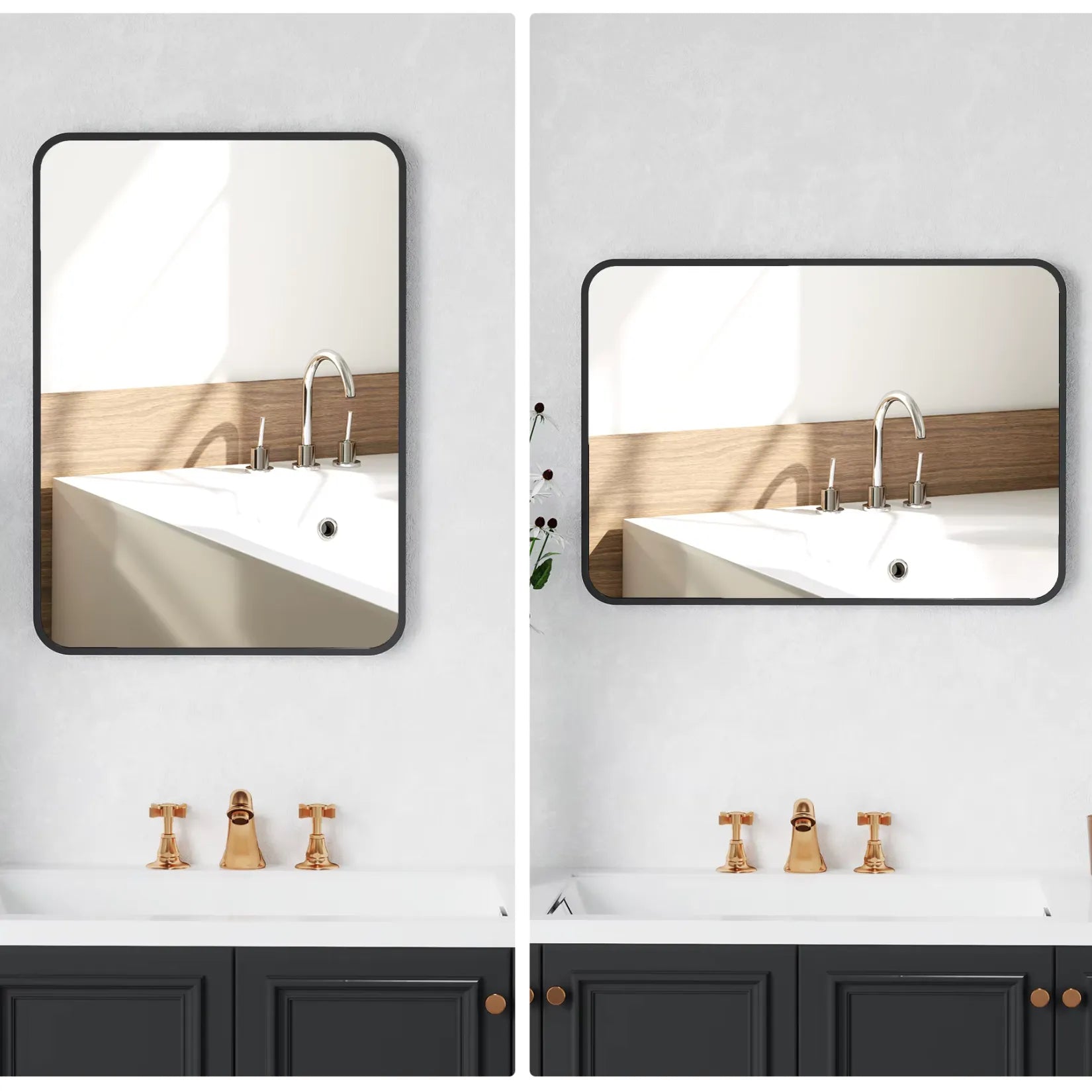Miroir cadre noir rectangulaire en position verticale et horizontale dans salle de bain moderne.