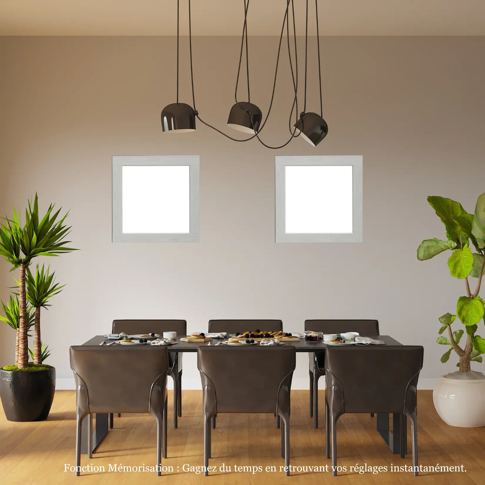 Miroirs carrés 60x60 cm dans une salle à manger épurée de style scandinave.