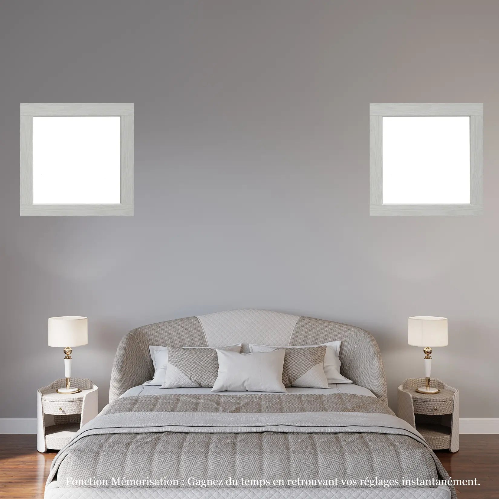 Miroirs carrés 60x60 cm au-dessus d’un lit avec tête de lit capitonnée gris perle.