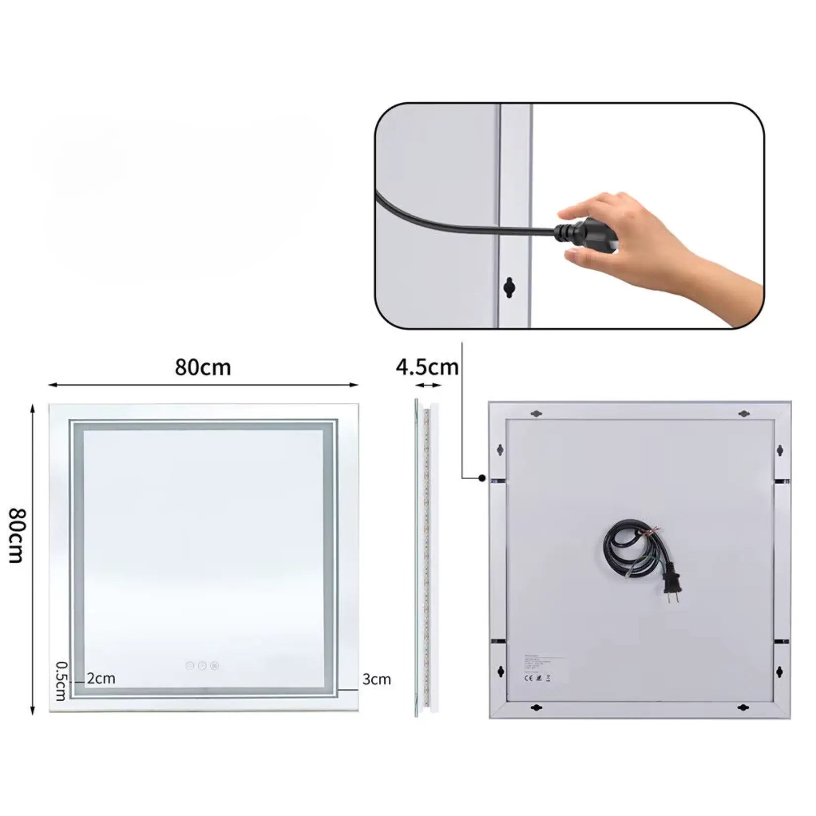 Dimensions et fiche technique du Miroir Carré Salle de Bain 80x80 cm.