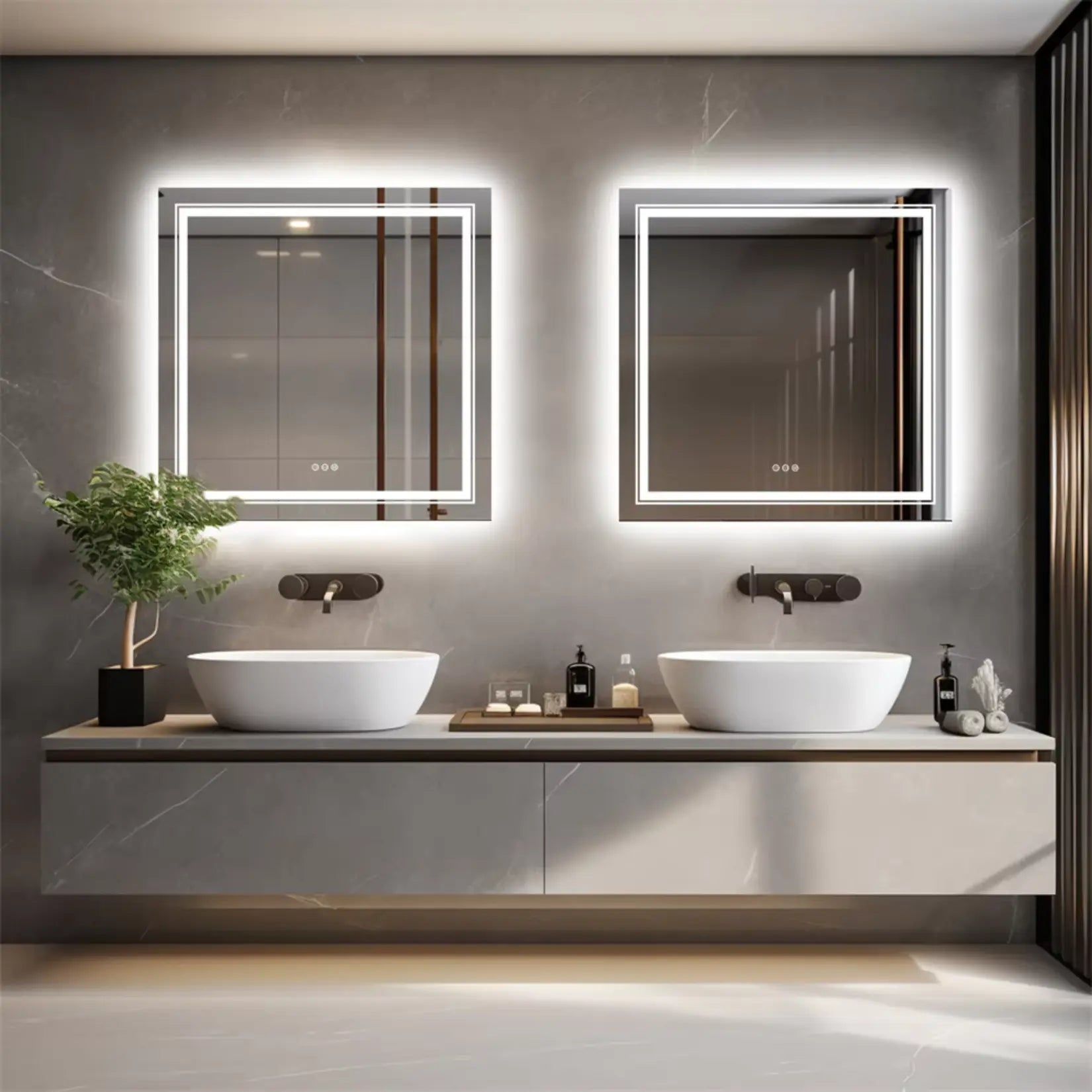 Miroir Carré Salle de Bain 80x80 cm installé au-dessus d’une double vasque.