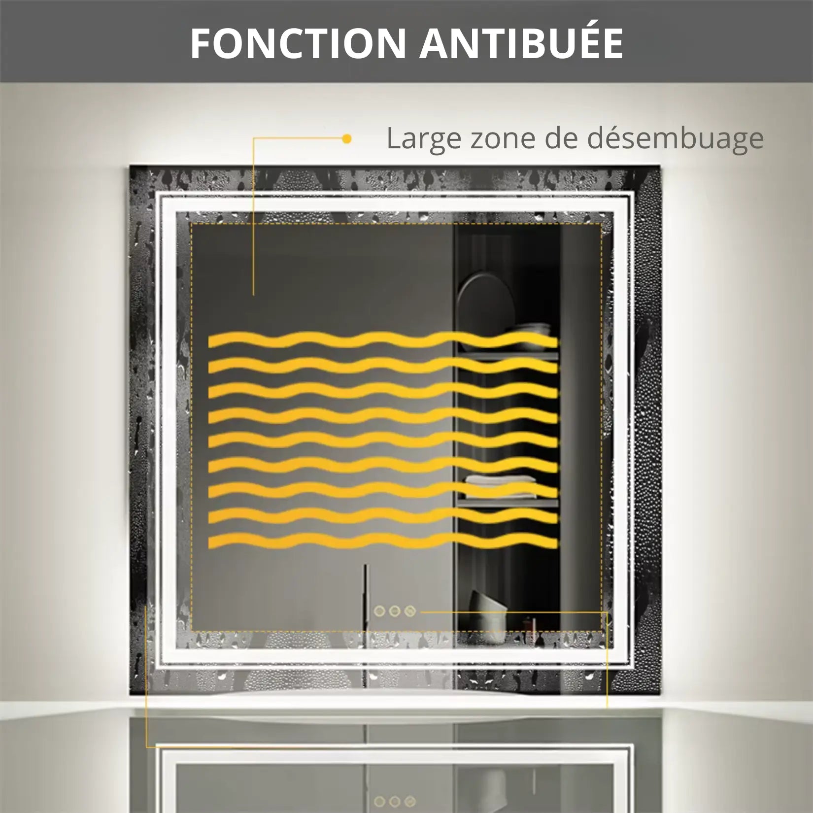 Miroir Carré Salle de Bain 80x80 cm avec fonction antibuée intégrée.