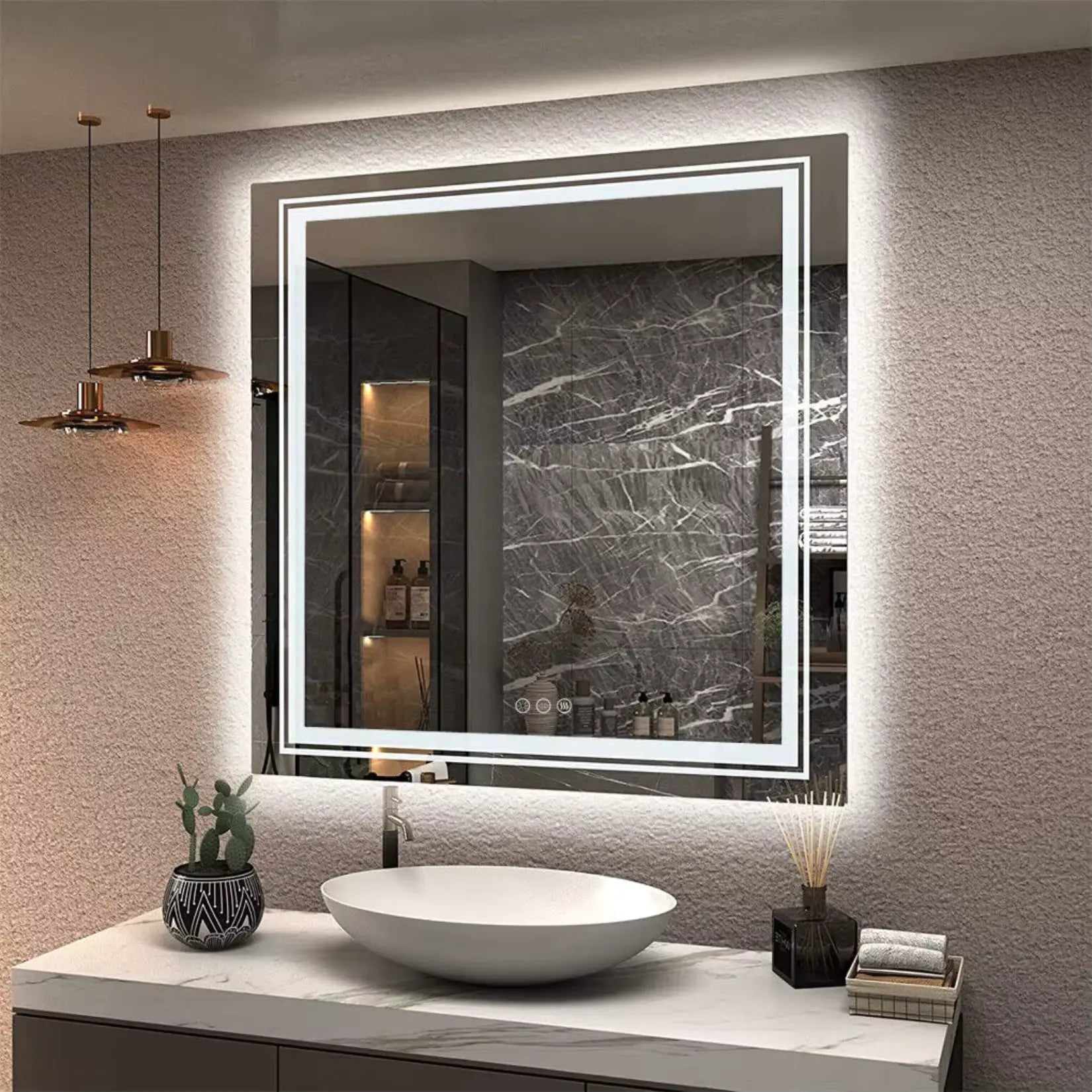 Miroir Carré Salle de Bain 80x80 cm LED mural au style moderne.