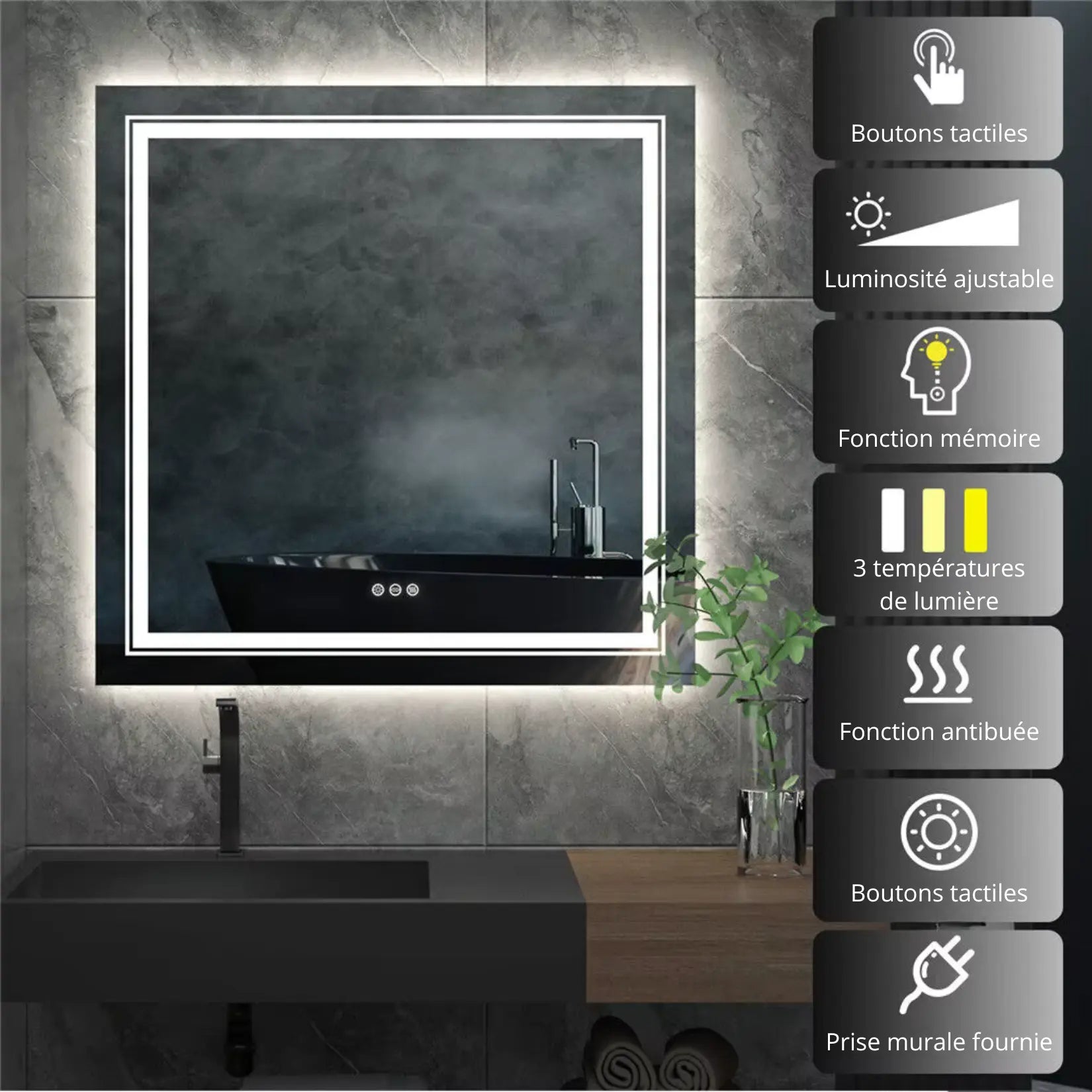 Miroir Carré Salle de Bain 80x80 cm LED avec boutons tactiles et fonctions mémoire.