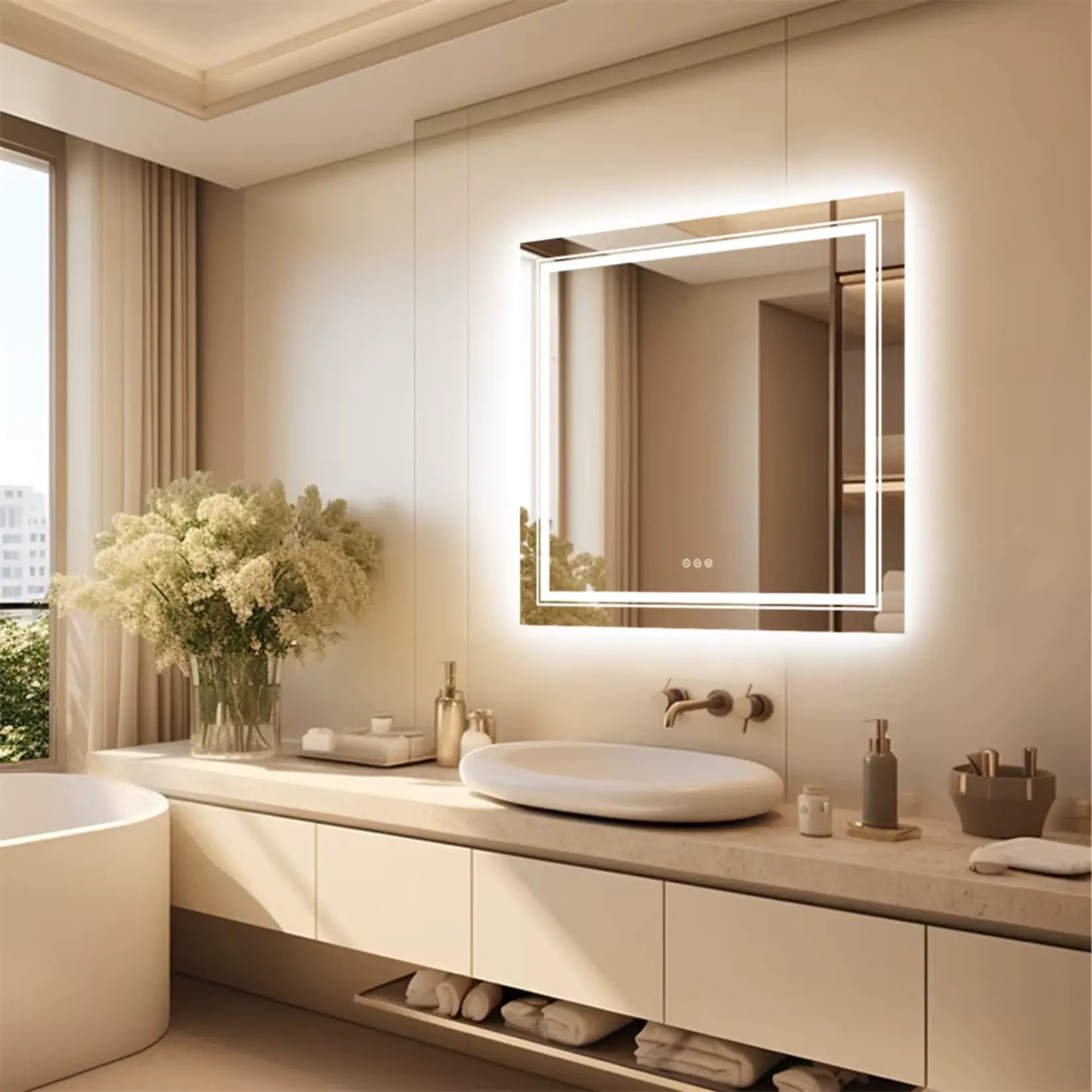 Miroir Carré Salle de Bain 80x80 cm LED avec lumière naturelle.