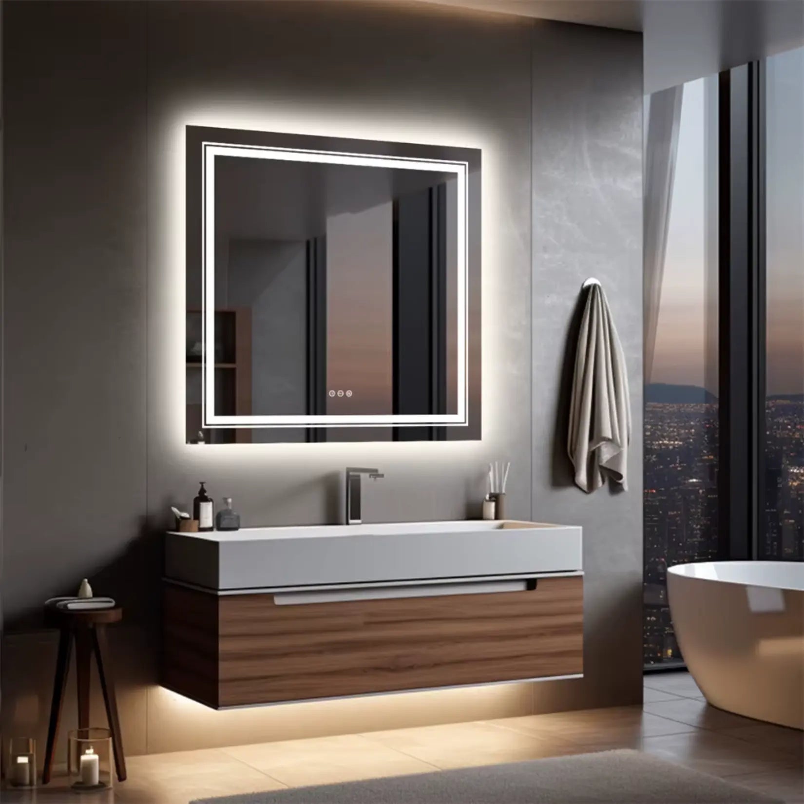 Miroir Carré Salle de Bain 80x80 cm avec rétroéclairage LED mural.