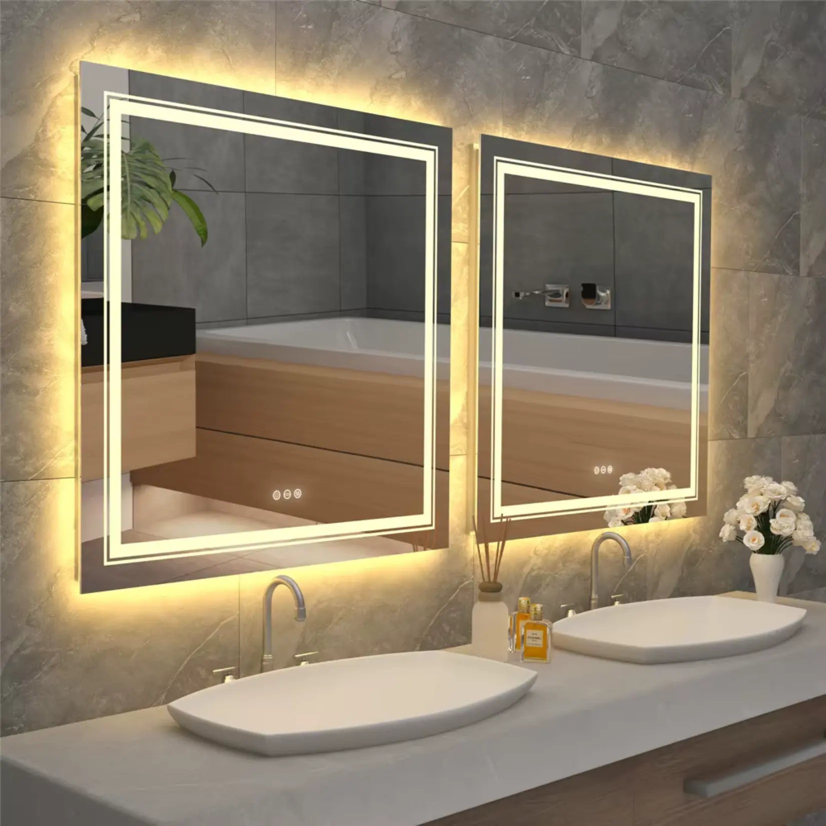 Deux miroirs carrés avec double éclairage, frontal et rétroéclairé, installés au-dessus d’une double vasque.