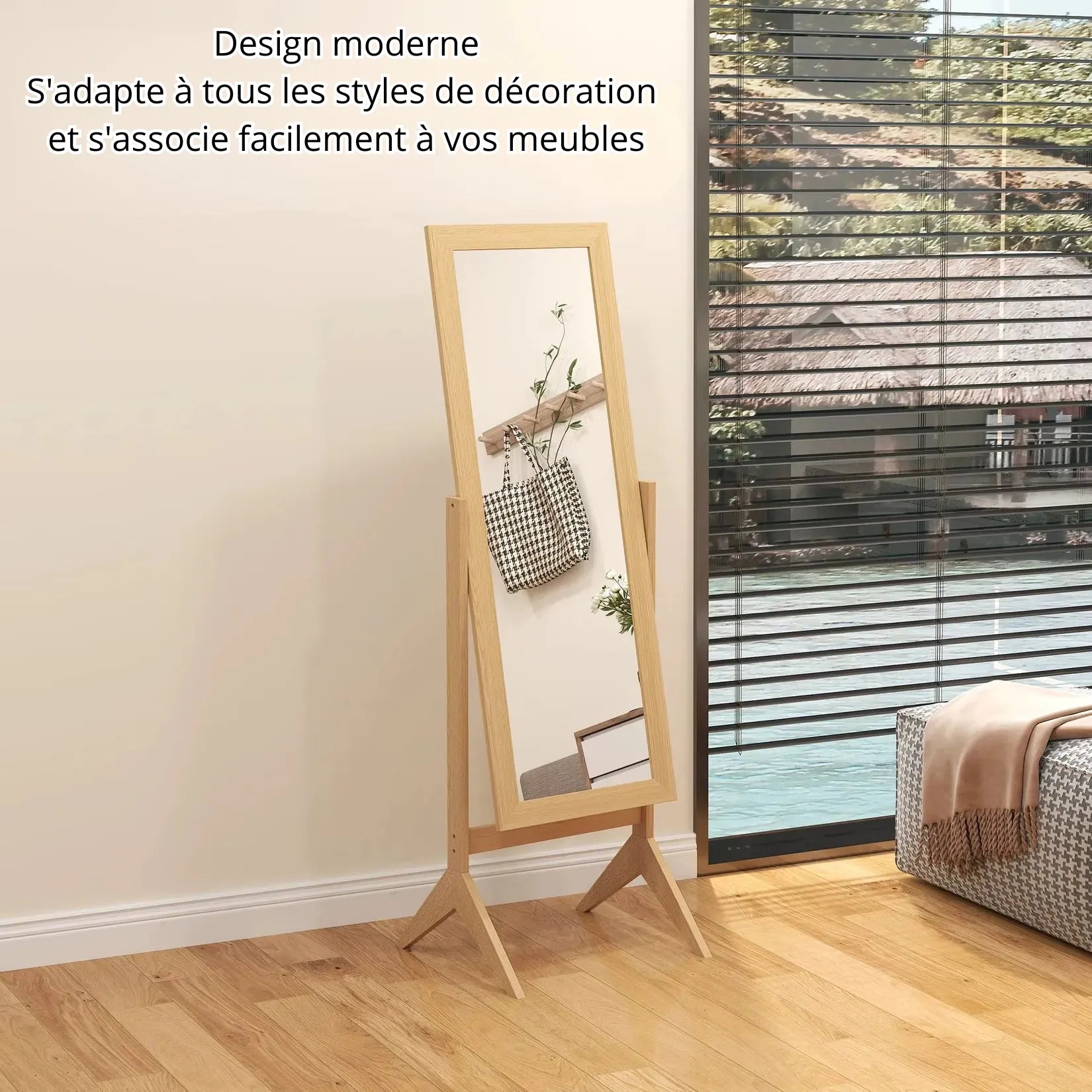Miroir Chêne sur Pied pleine longueur design moderne salon finition naturelle.