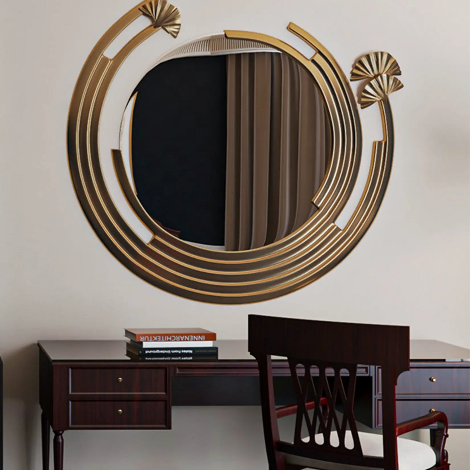 Miroir mural doré au-dessus d’une coiffeuse en bois foncé dans une chambre élégante.