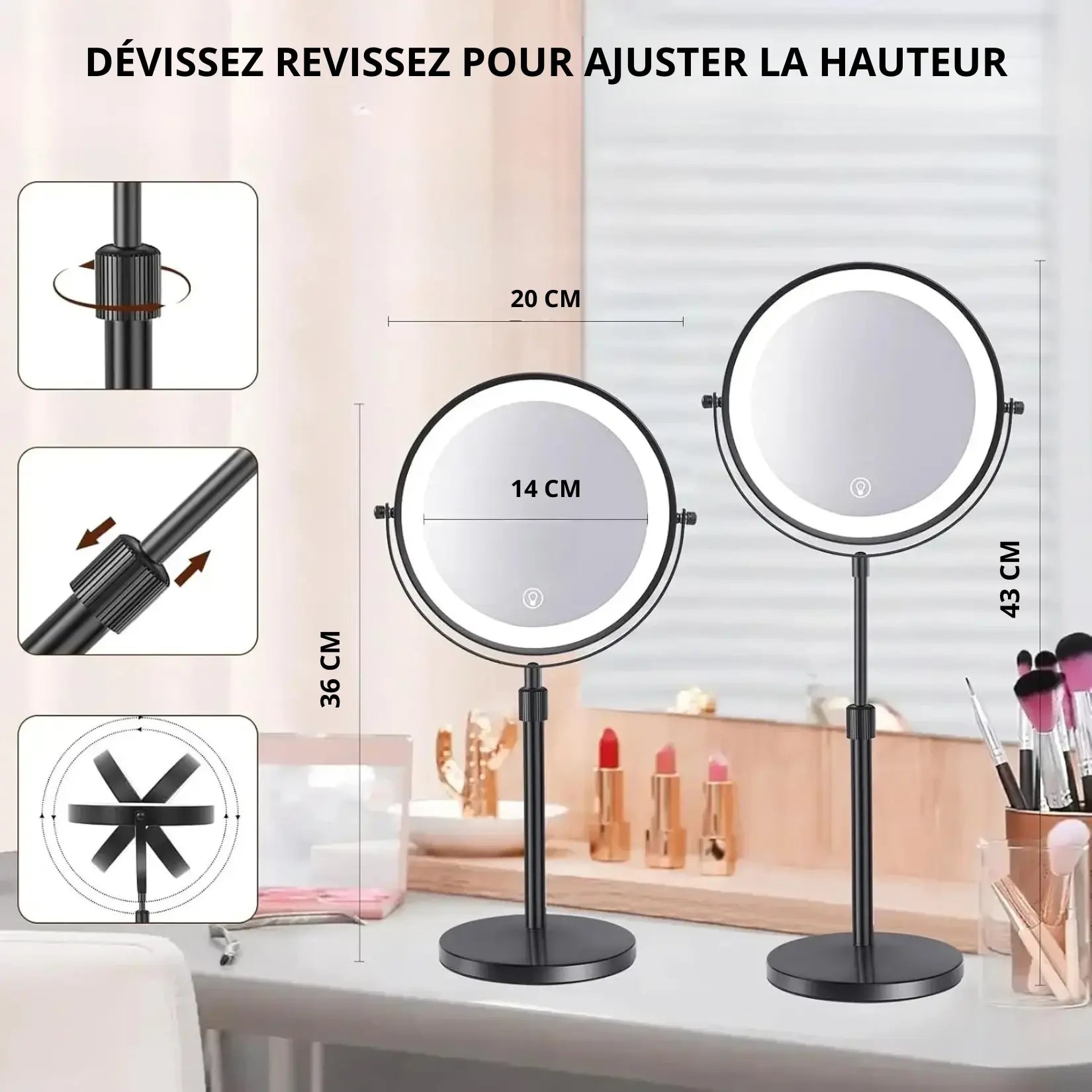Miroir De Maquillage Grossissant 10x/1x - Pliable, Poignée Réglable - Double Face - Cadeau Beauté
