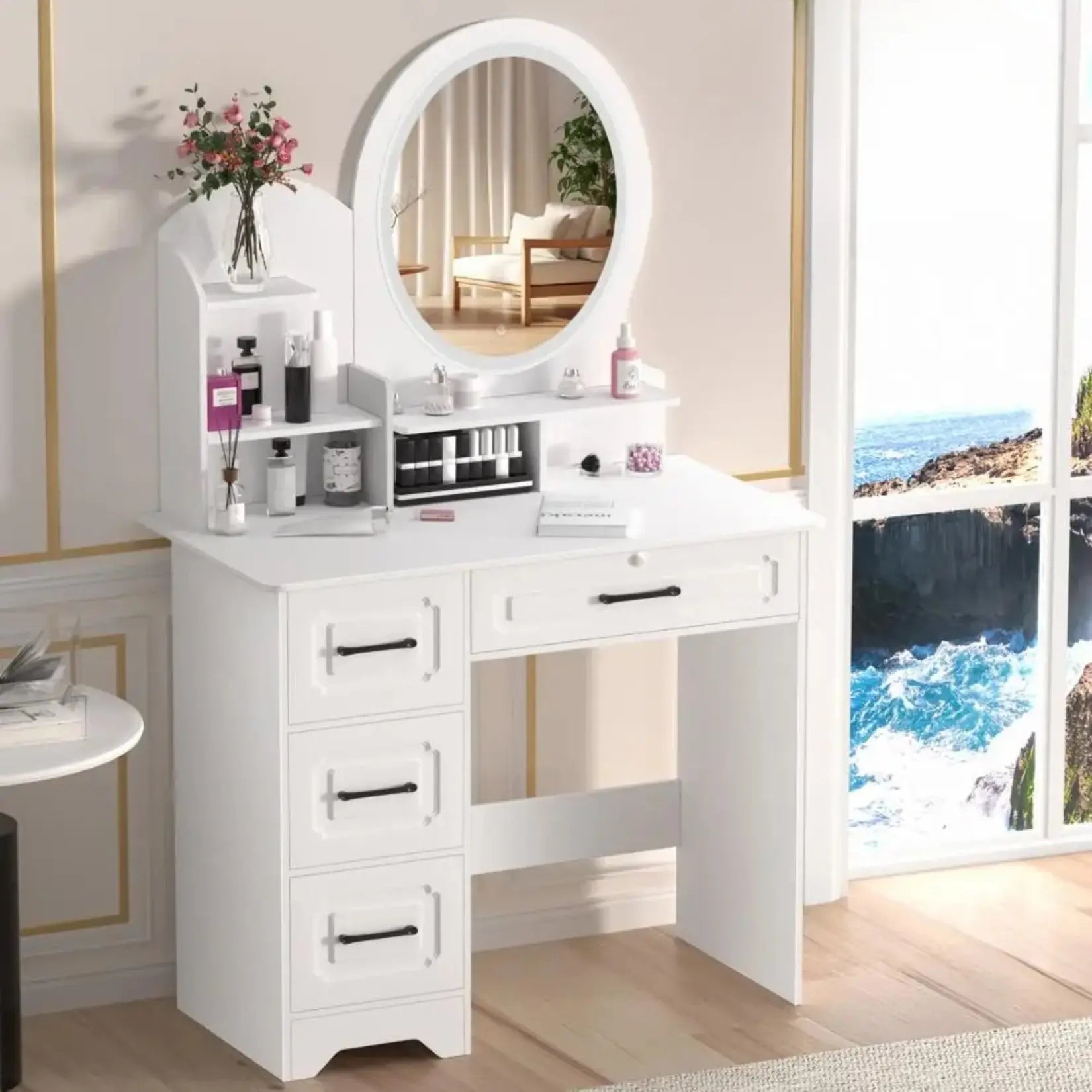 Vue latérale de la Miroir Coiffeuse LED blanche, avec rangement et miroir rond lumineux.