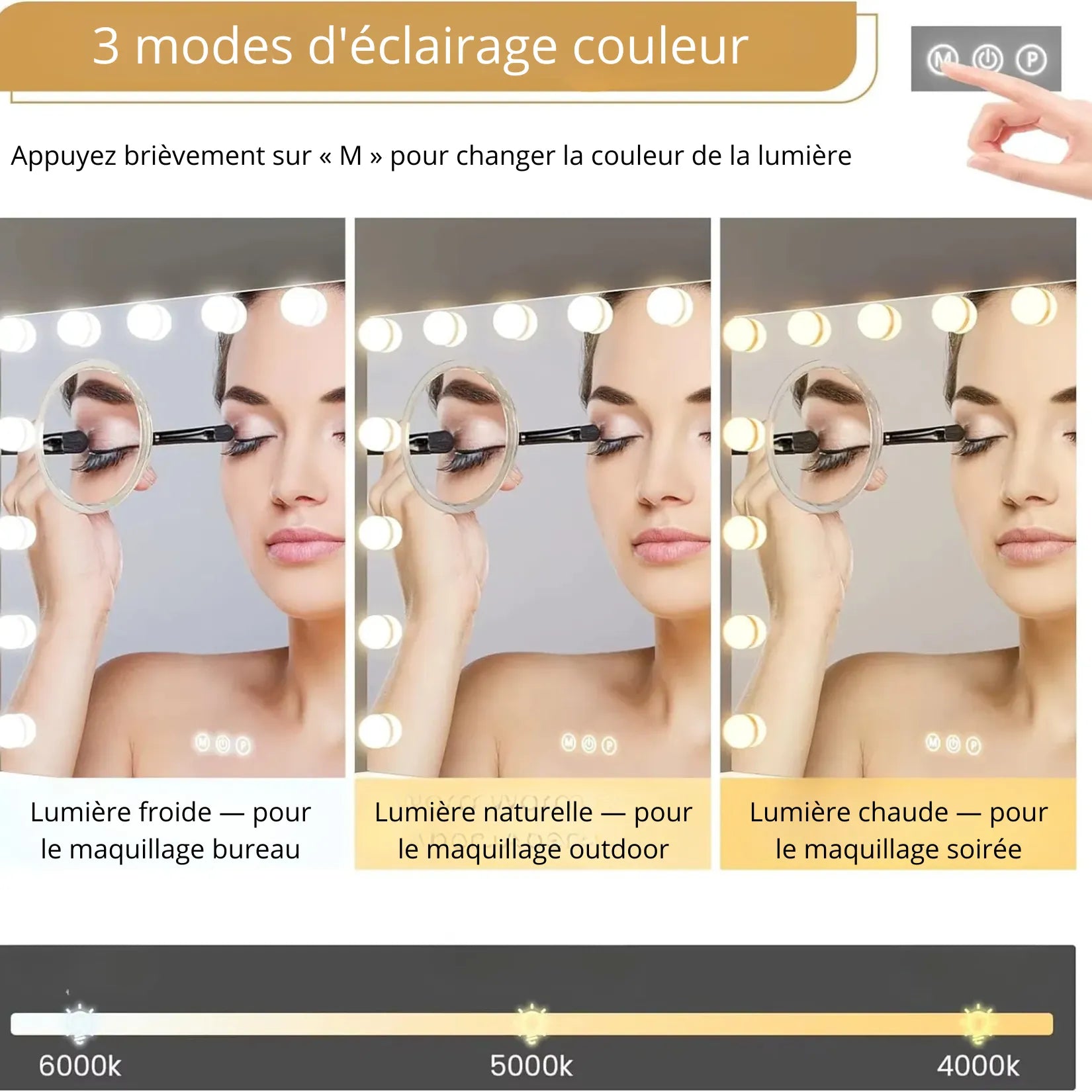 Miroir coiffeuse lumineux 3 températures de couleur 4000K 5000K 6000K.