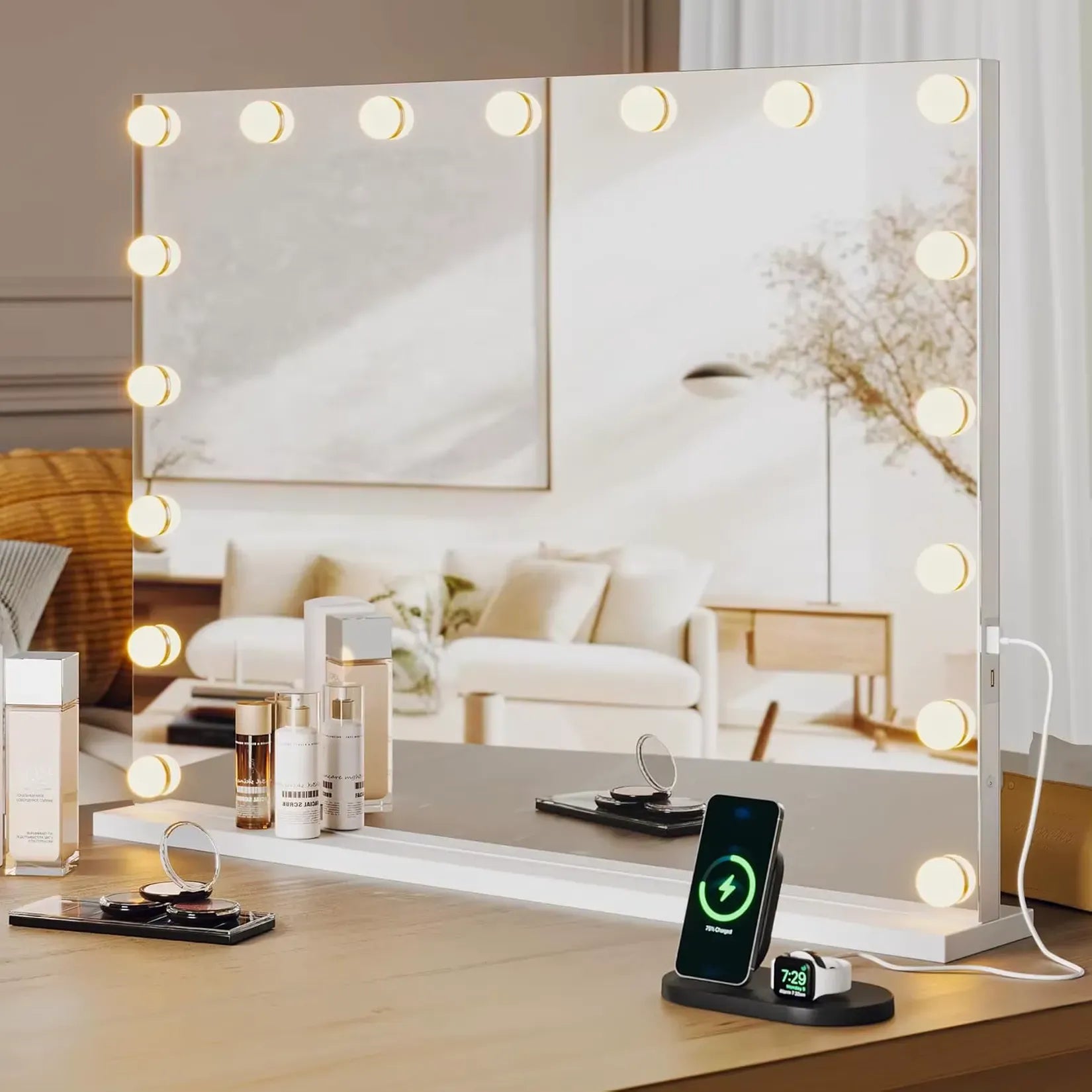 Miroir coiffeuse lumineux avec recharge smartphone USB intégré.