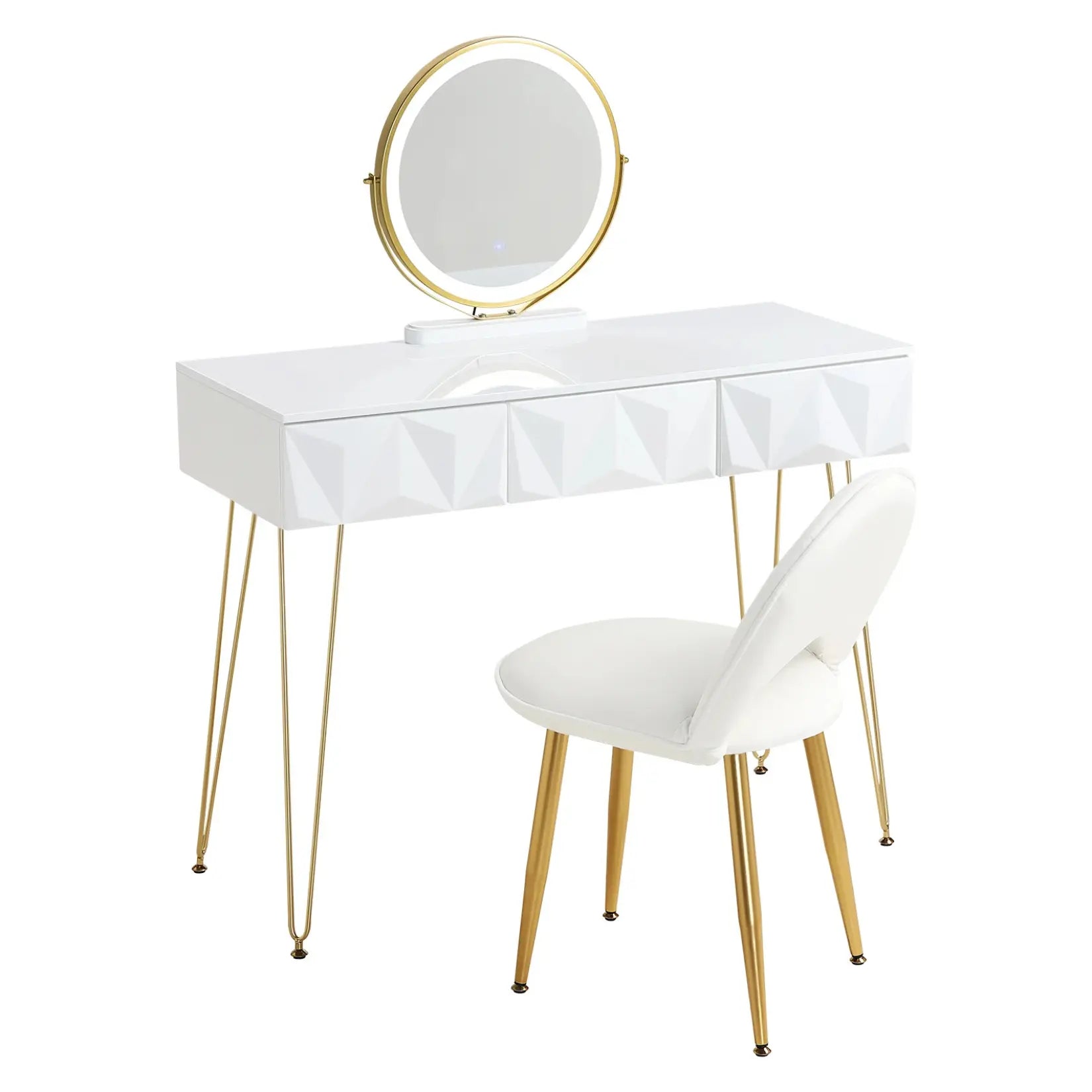 Vue de face du miroir coiffeuse meuble avec chaise et finitions dorées.