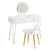 Vue de face du miroir coiffeuse meuble avec chaise et finitions dorées.