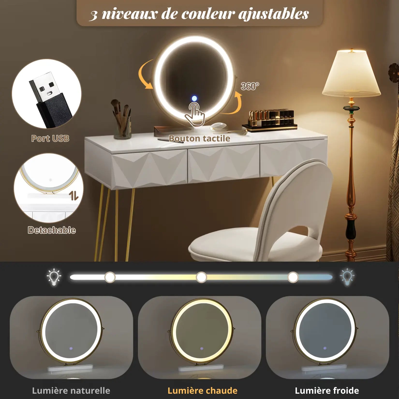Miroir LED tactile à intensité réglable pour coiffeuse meuble blanche.