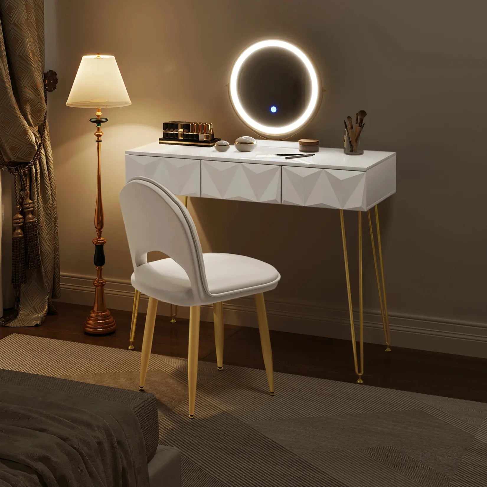 Miroir coiffeuse meuble installé dans une chambre élégante.