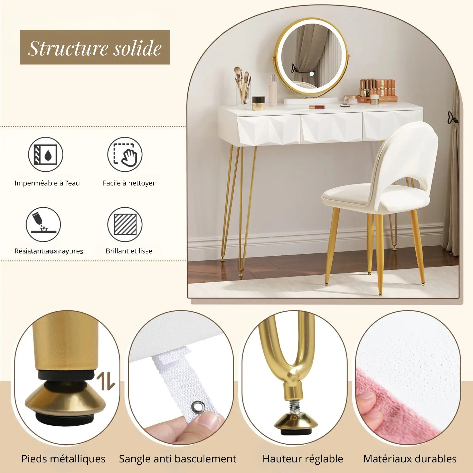 Structure solide du miroir coiffeuse meuble avec détails sur les matériaux.