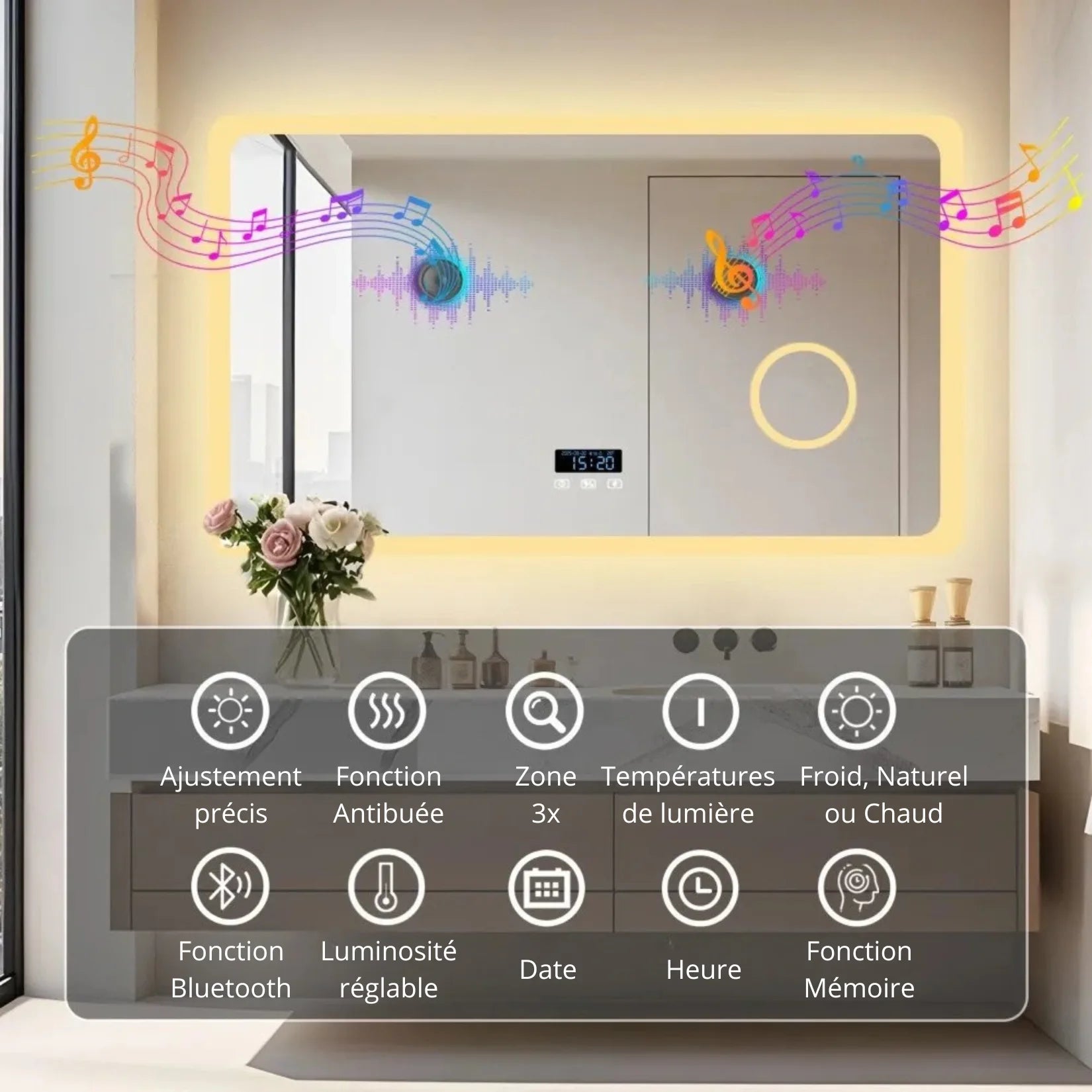 Miroir connecté avec toutes les fonctionnalités : Bluetooth, anti-buée, LED.