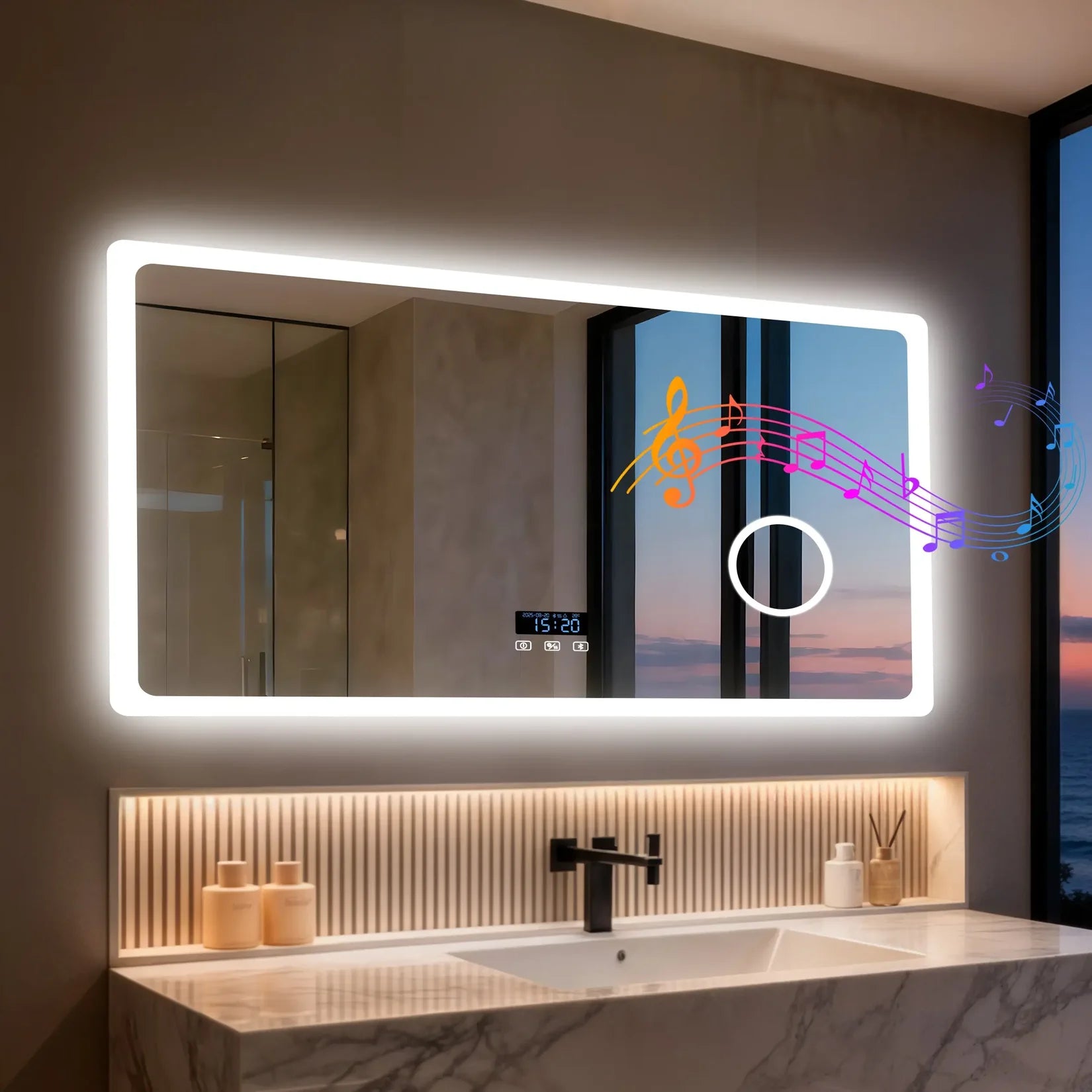 Miroir connecté salle de bain luxe avec vue extérieure.
