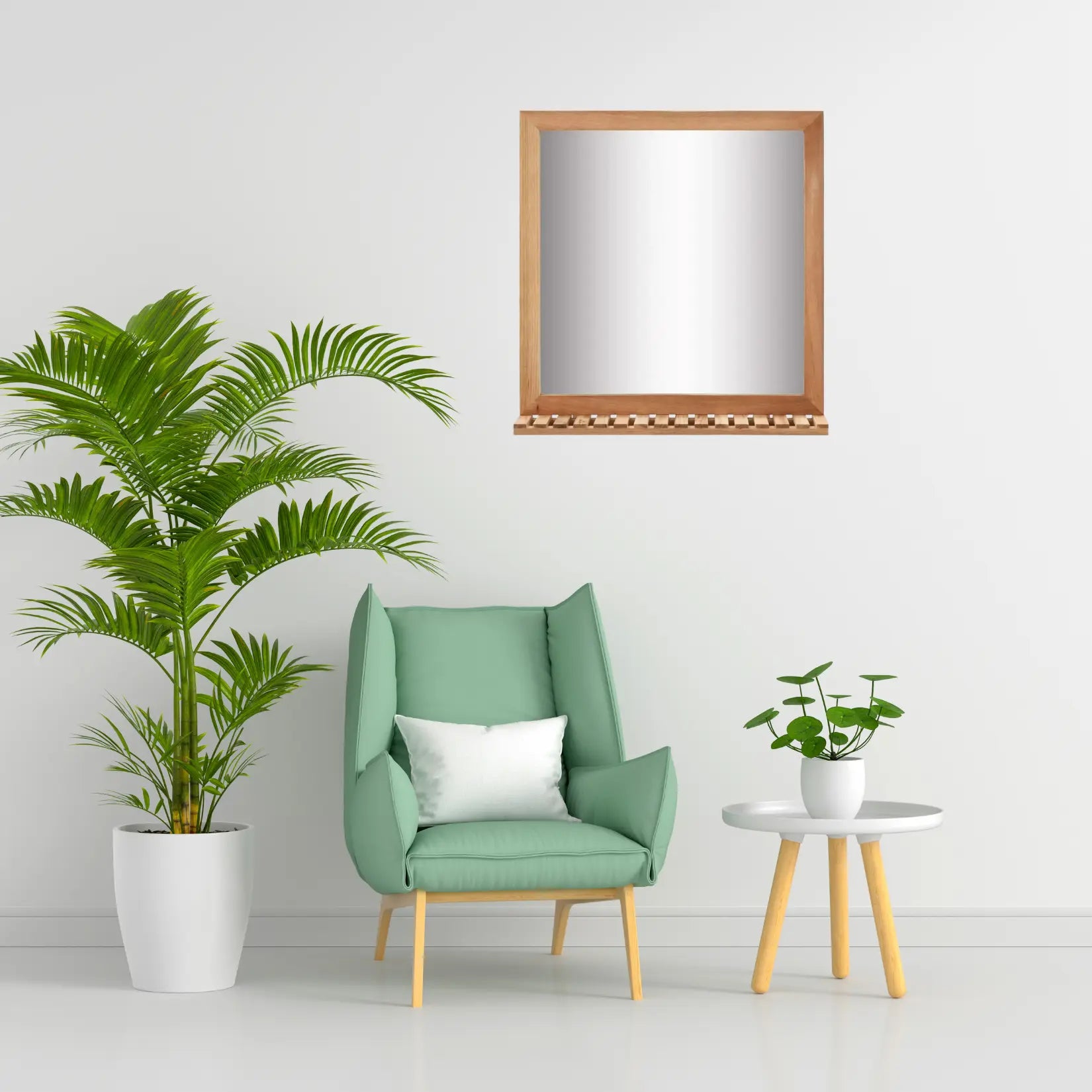 Miroir contour bois avec tablette au-dessus d’un coin lecture minimaliste, fauteuil vert et plantes.
