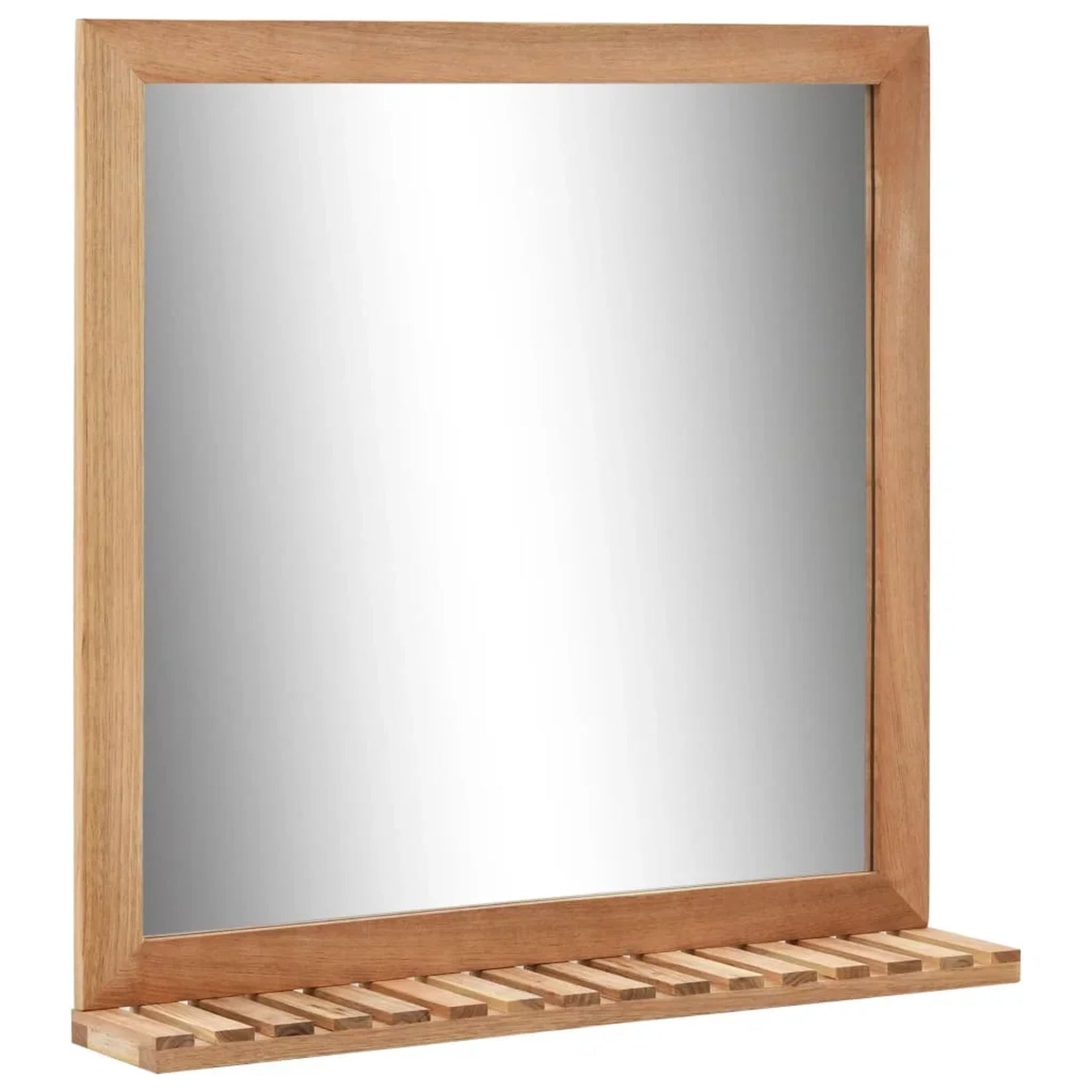 Vue 3/4 du miroir contour bois montrant le cadre carré en noyer et l’étagère ajourée.