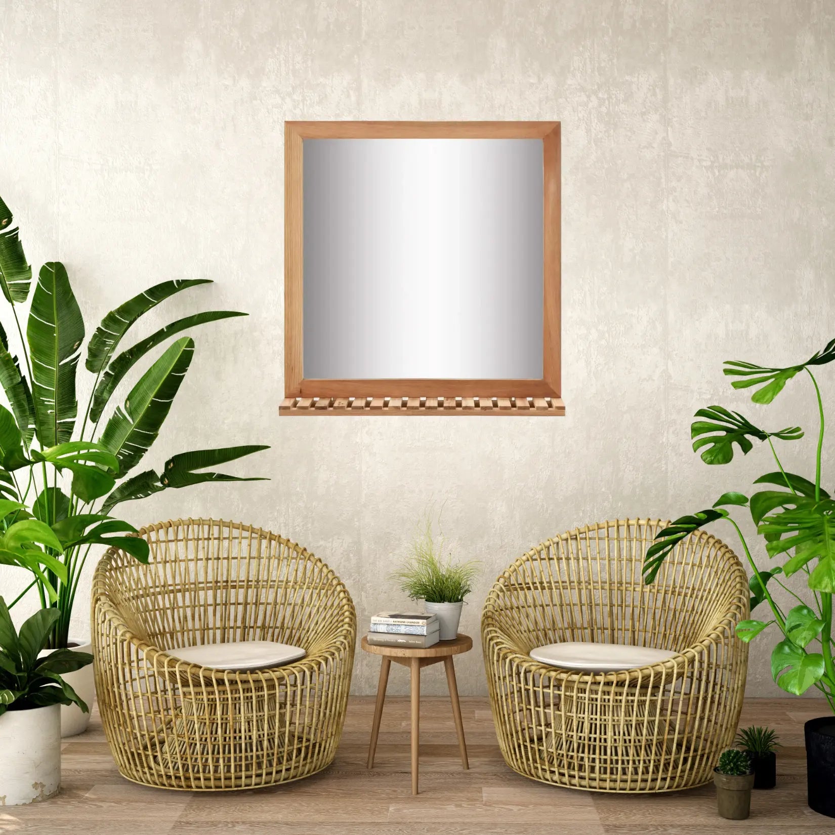 Miroir contour bois carré avec étagère, noyer massif naturel, au-dessus de deux fauteuils en rotin dans un salon végétalisé.