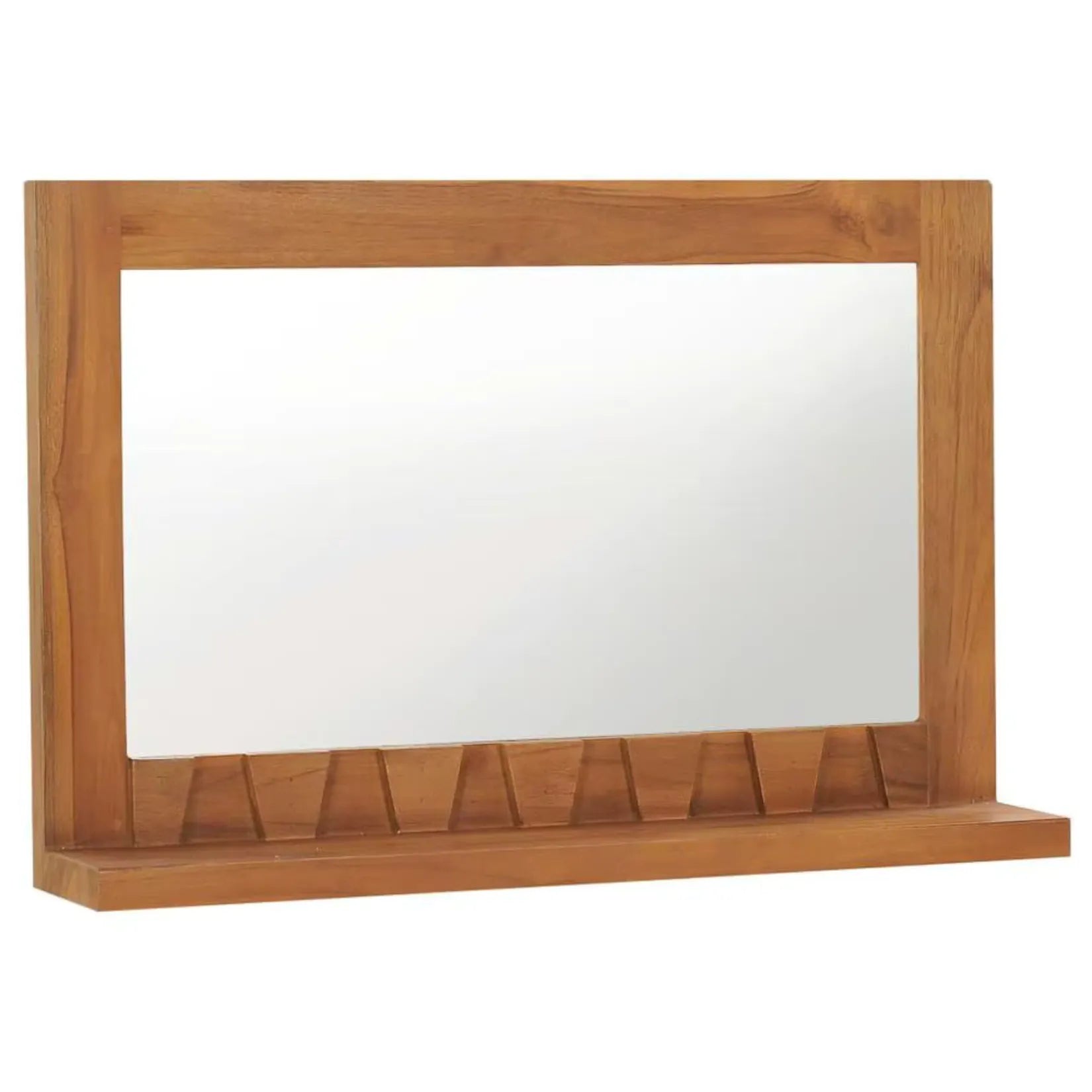 Intégration naturelle du miroir contour bois teck massif 60x40 cm dans une chambre style Japandi minimaliste.