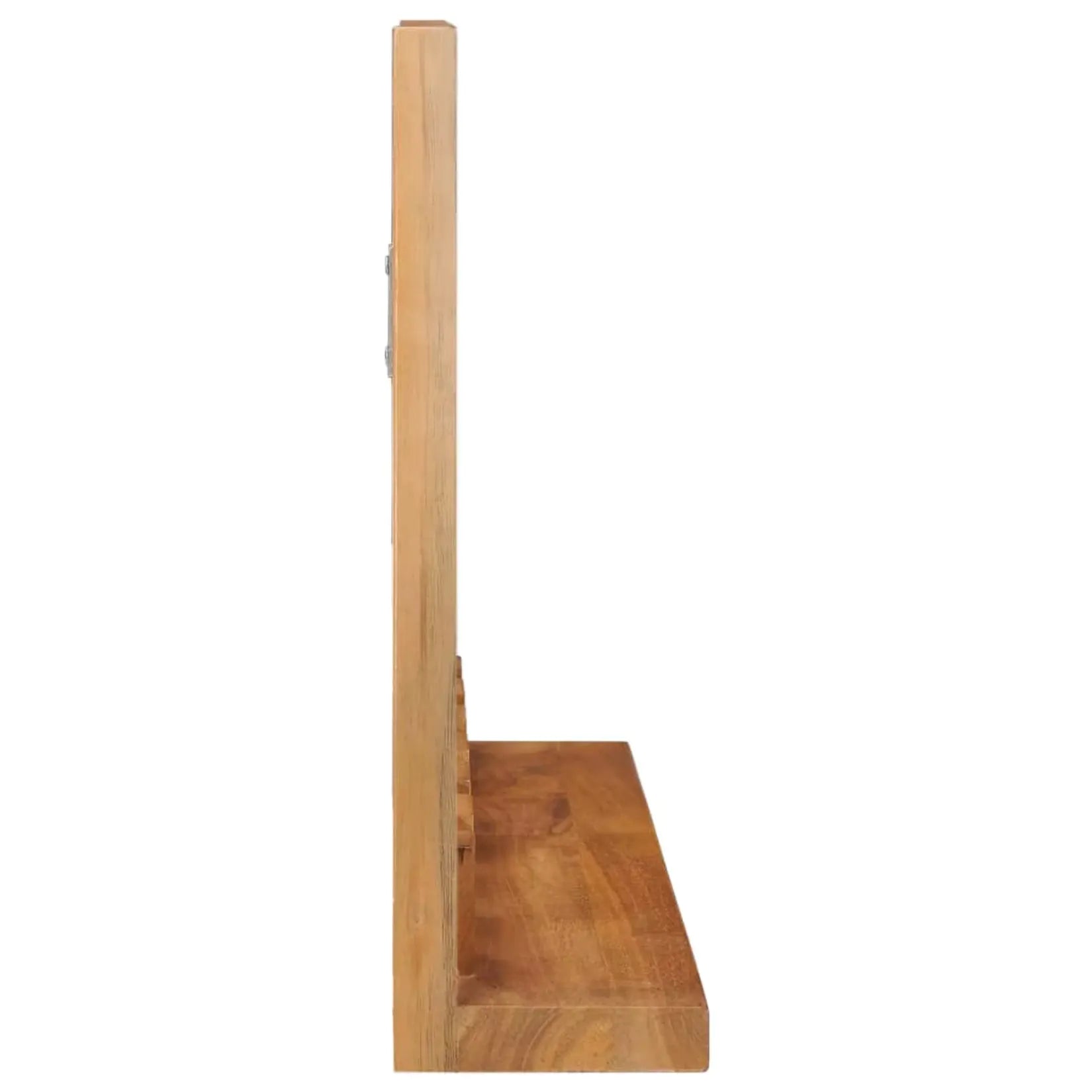 Vue de profil du miroir contour bois teck massif 60x40 cm montrant l'épaisseur et la profondeur de l'étagère.