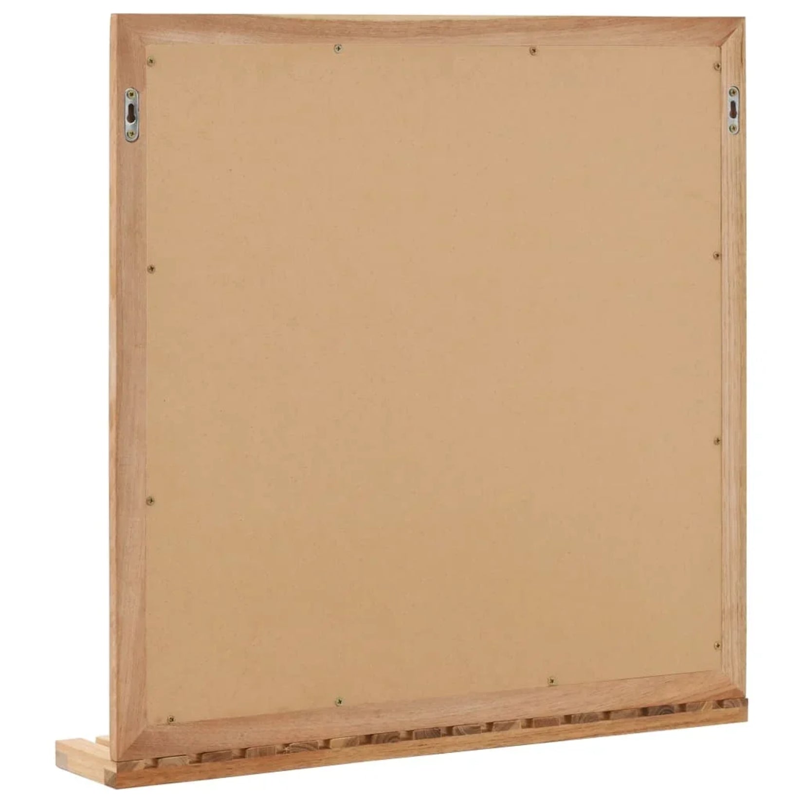 Vue arrière du miroir contour bois avec panneau de dos, accroches type trou de serrure et tablette ajourée visibles pour une fixation murale sûre.