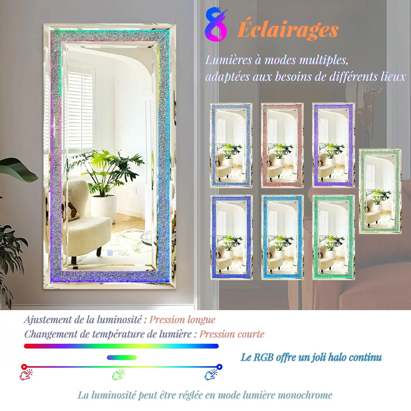 Miroir dans une chambre avec éclairage RGB multicolore et modes lumineux personnalisables.