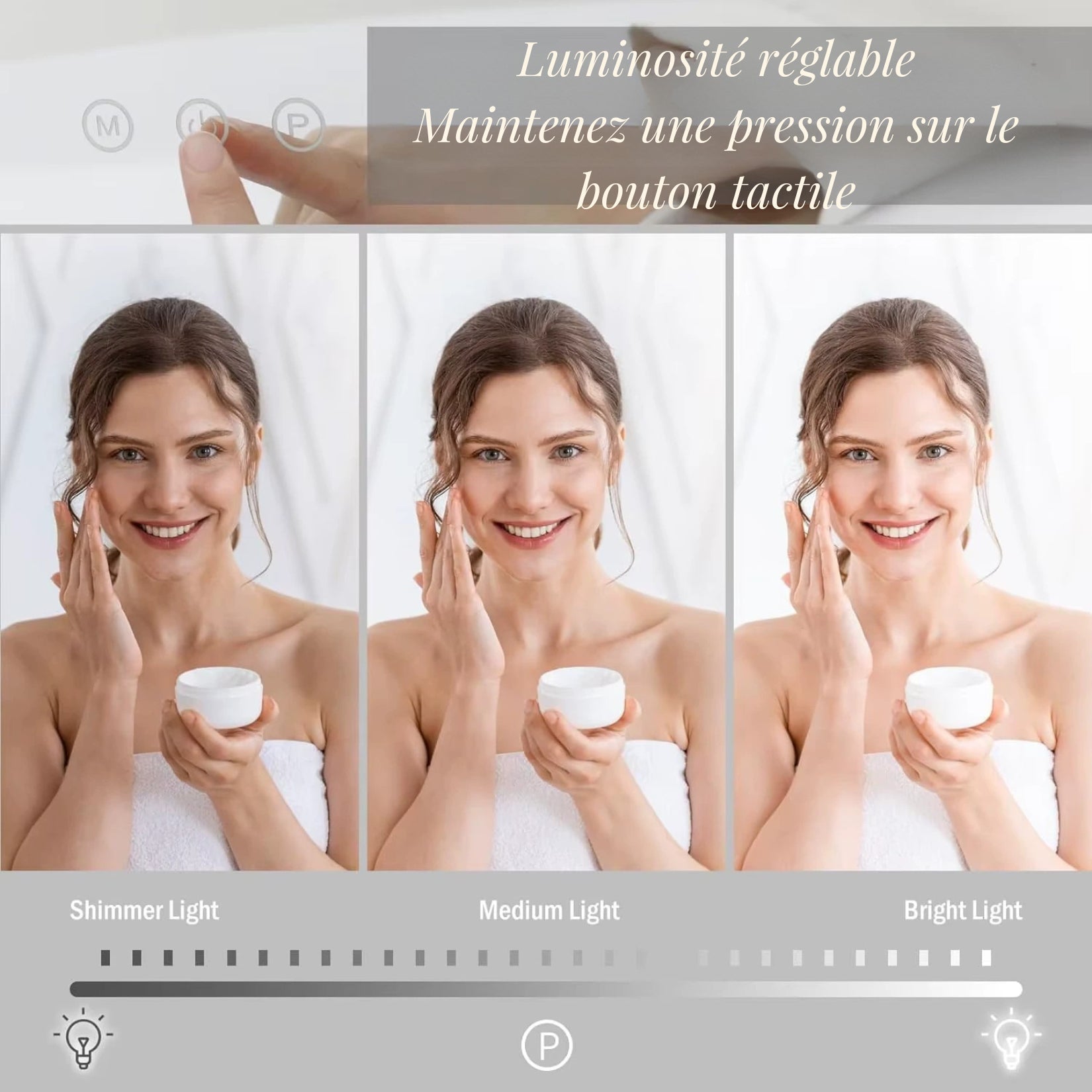 Miroir de maquillage LED avec luminosité réglable par commande tactile pour un éclairage sur-mesure.