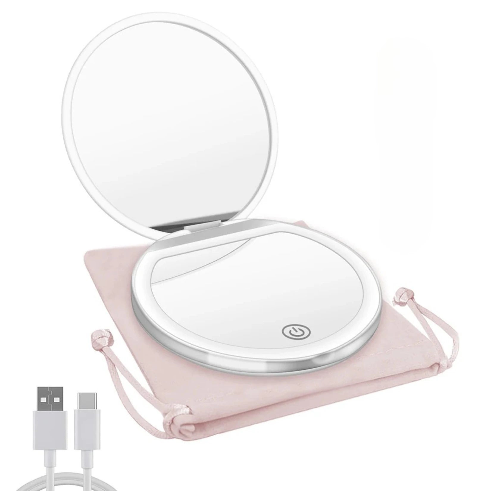 Miroir de poche avec lumière livré avec étui de rangement rose.