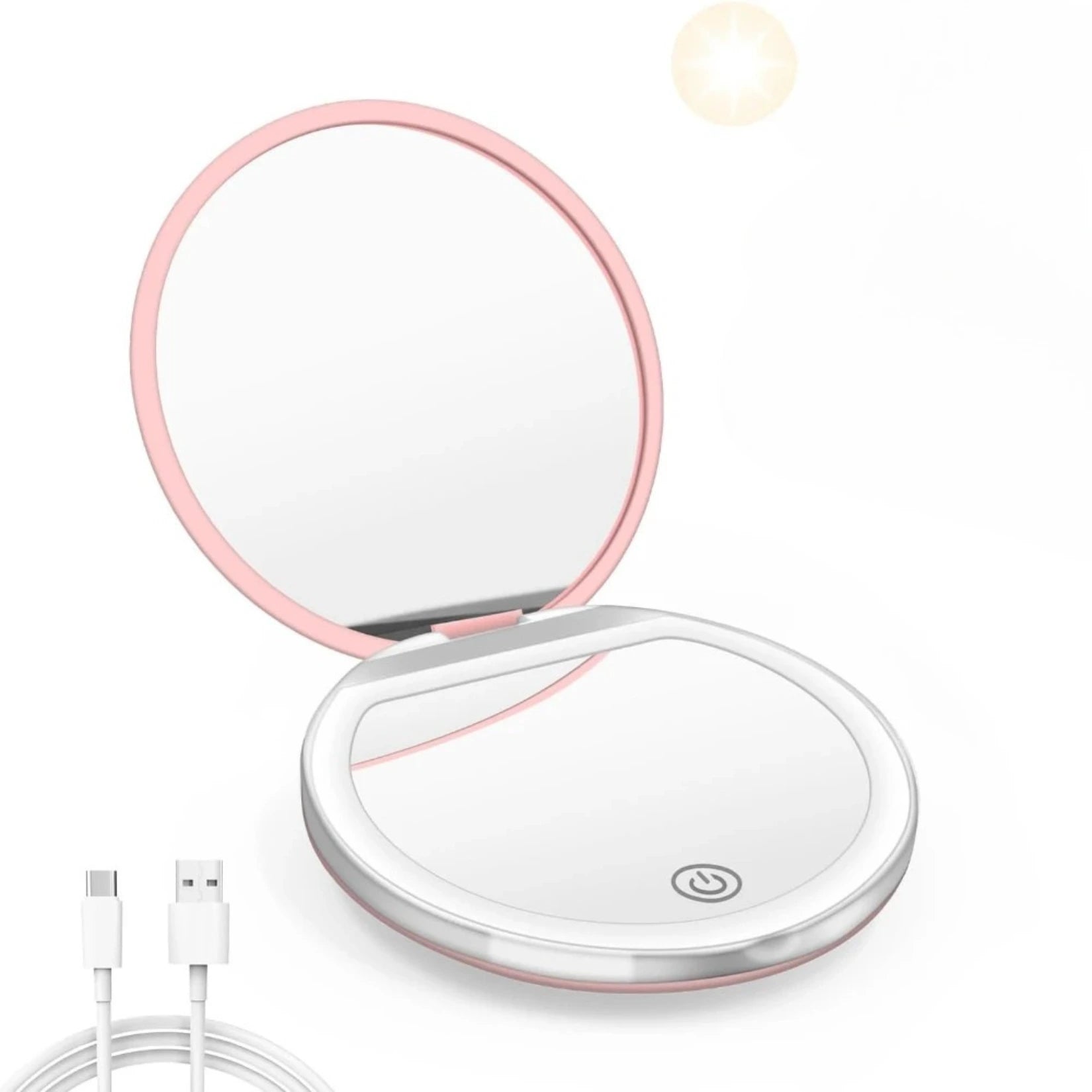 Miroir de poche avec lumière rechargeable via câble USB, format rond pratique.