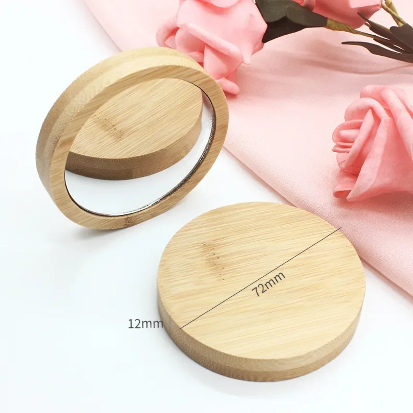 Miroir de poche bois avec dimensions visibles 72 mm par 12 mm.