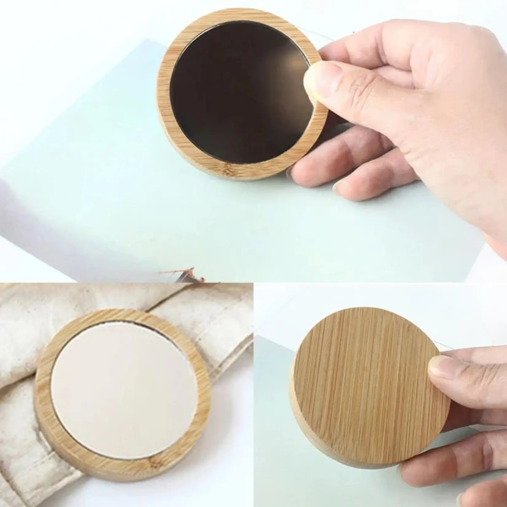 Miroir de poche bois tenu dans la main sur fond clair.