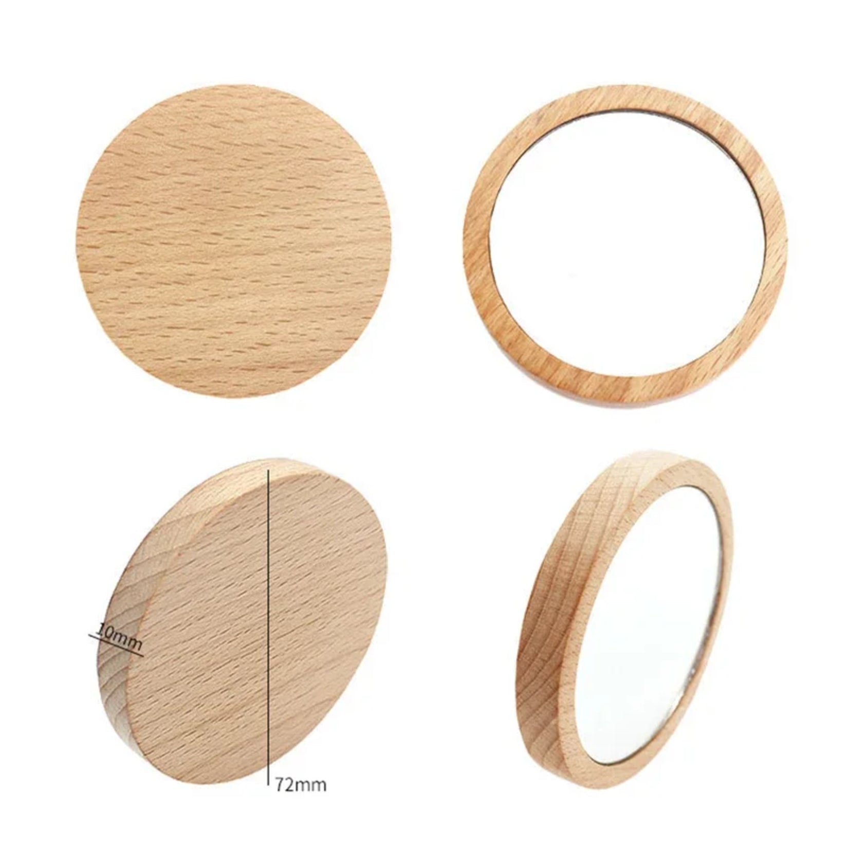 Ensemble de vues du miroir de poche bois sous plusieurs angles avec mesures.