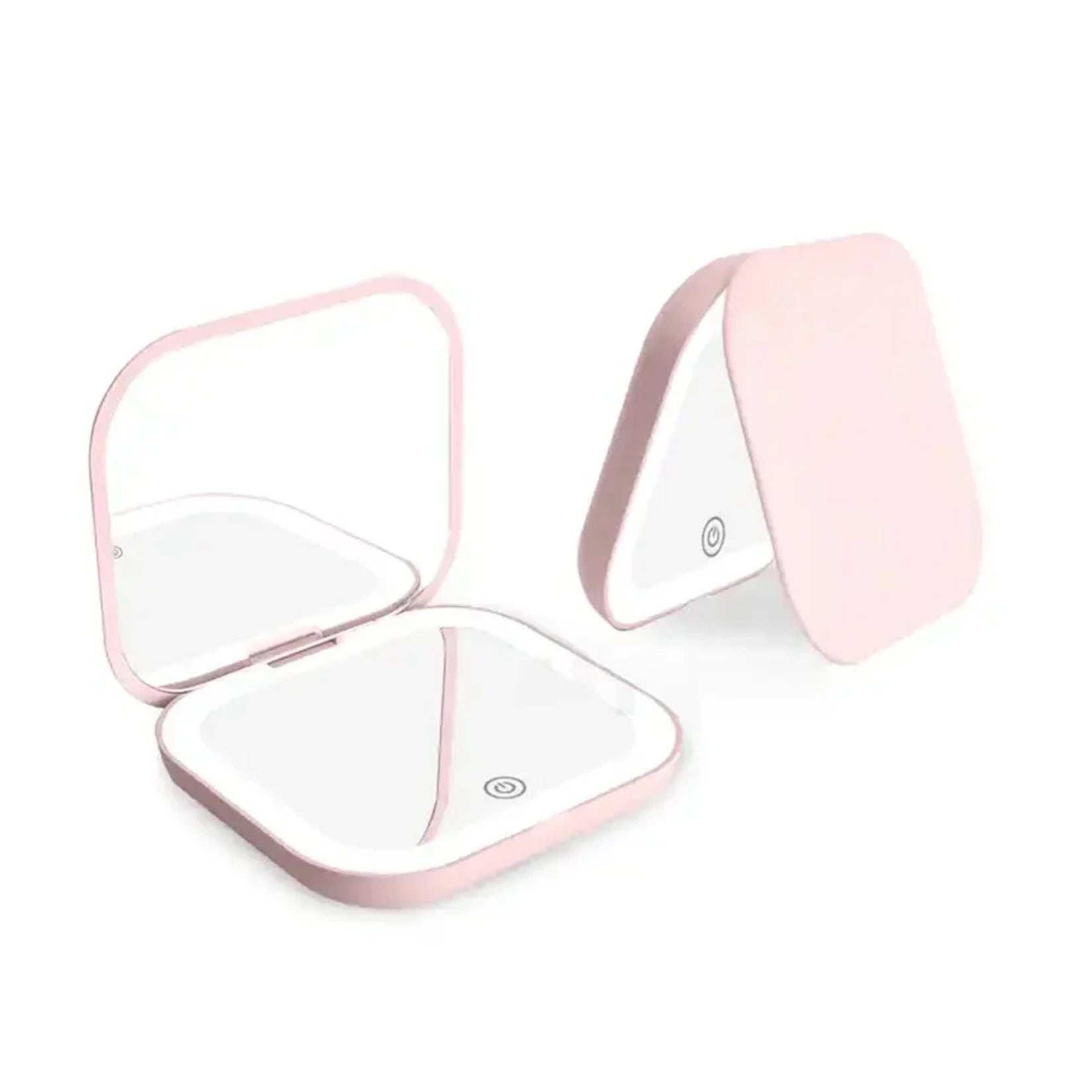 Miroir de poche grossissant blanc en position ouverte, élégant et discret.