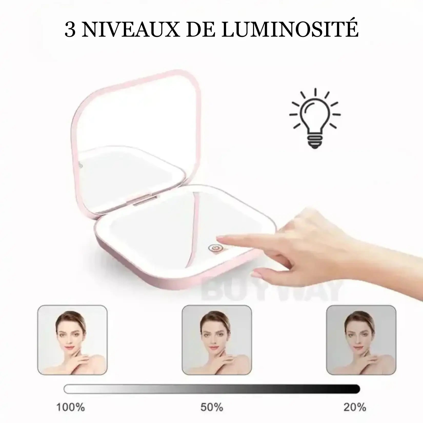 Miroir de poche grossissant avec une face x1 pour les retouches de maquillage.