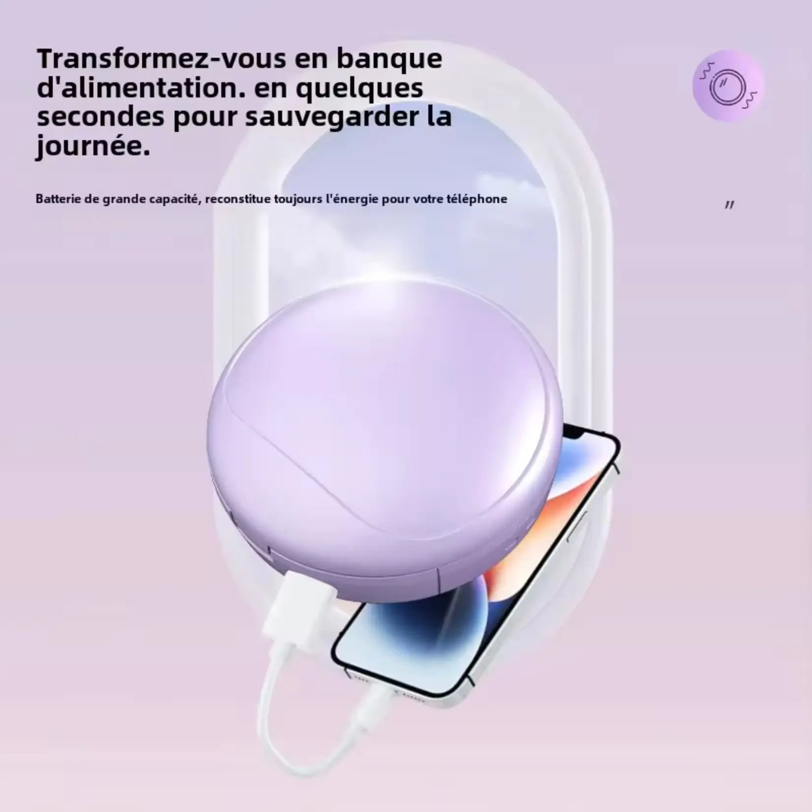 Miroir de poche lumineux servant de batterie externe pour recharger un smartphone.