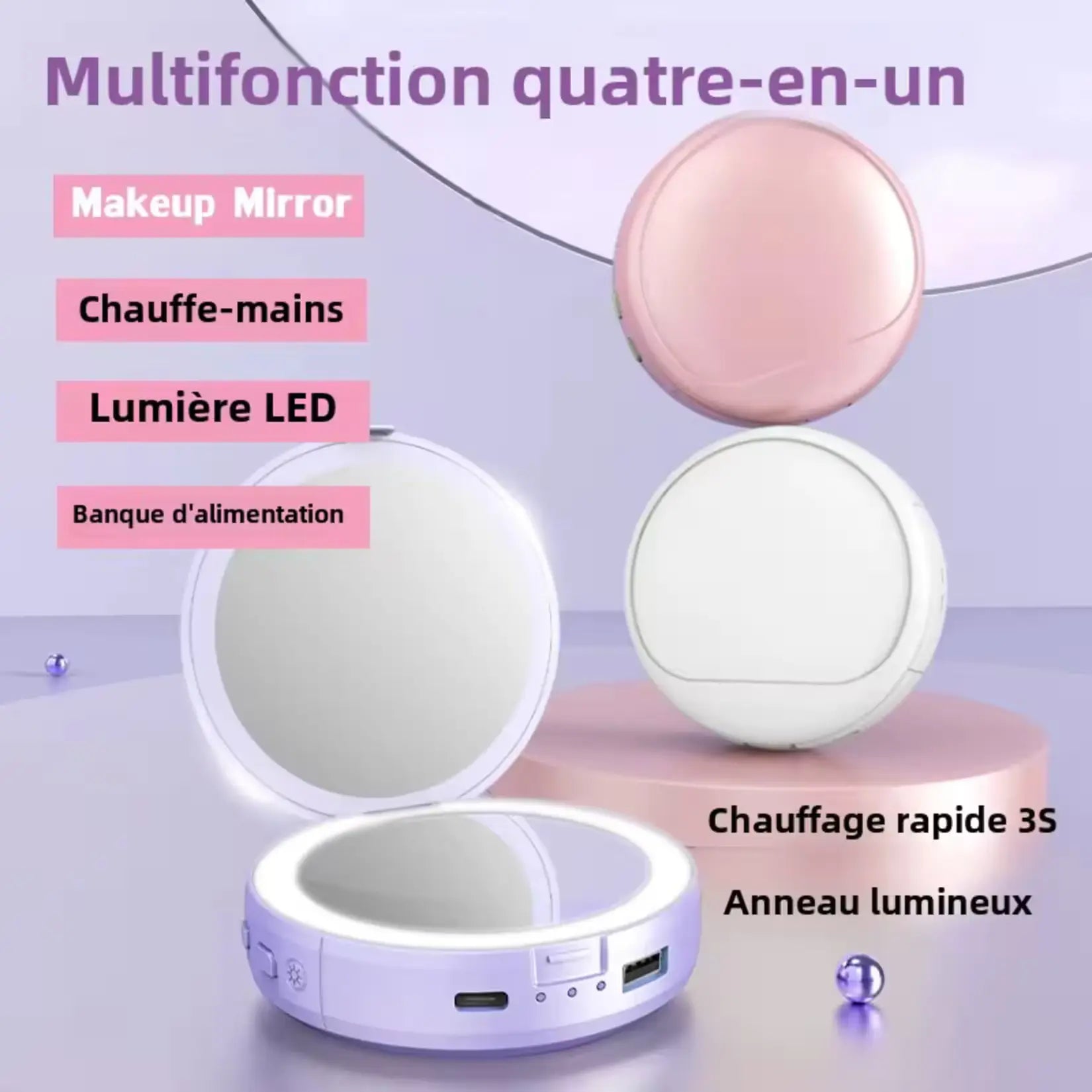 Miroir de poche lumineux multifonction quatre-en-un avec LED, chauffe-mains et batterie intégrée.