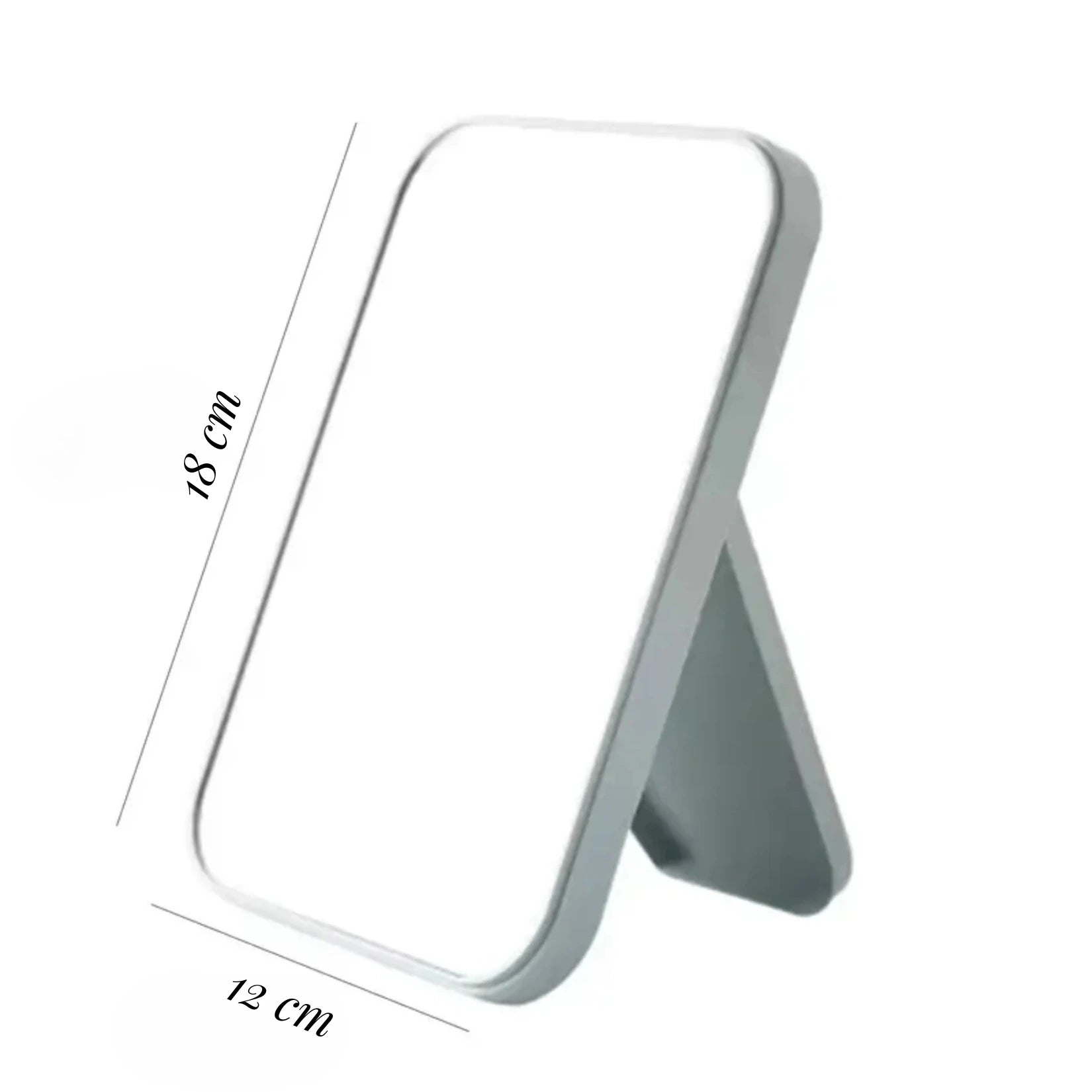 Miroir de poche rectangulaire bleu affichant ses dimensions 18 cm par 12 cm.