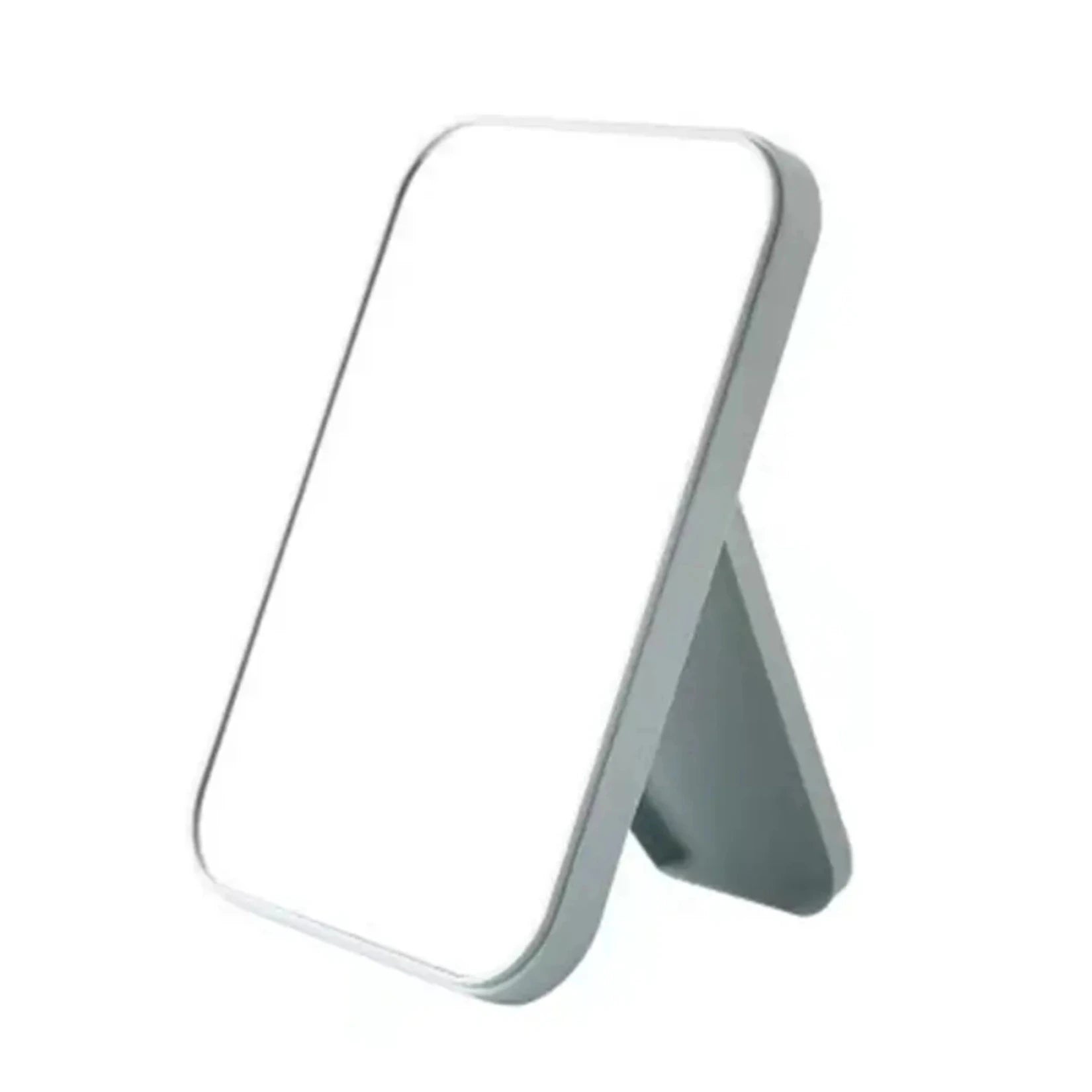 Miroir de poche rectangulaire gris en vue latérale avec support rabattable.