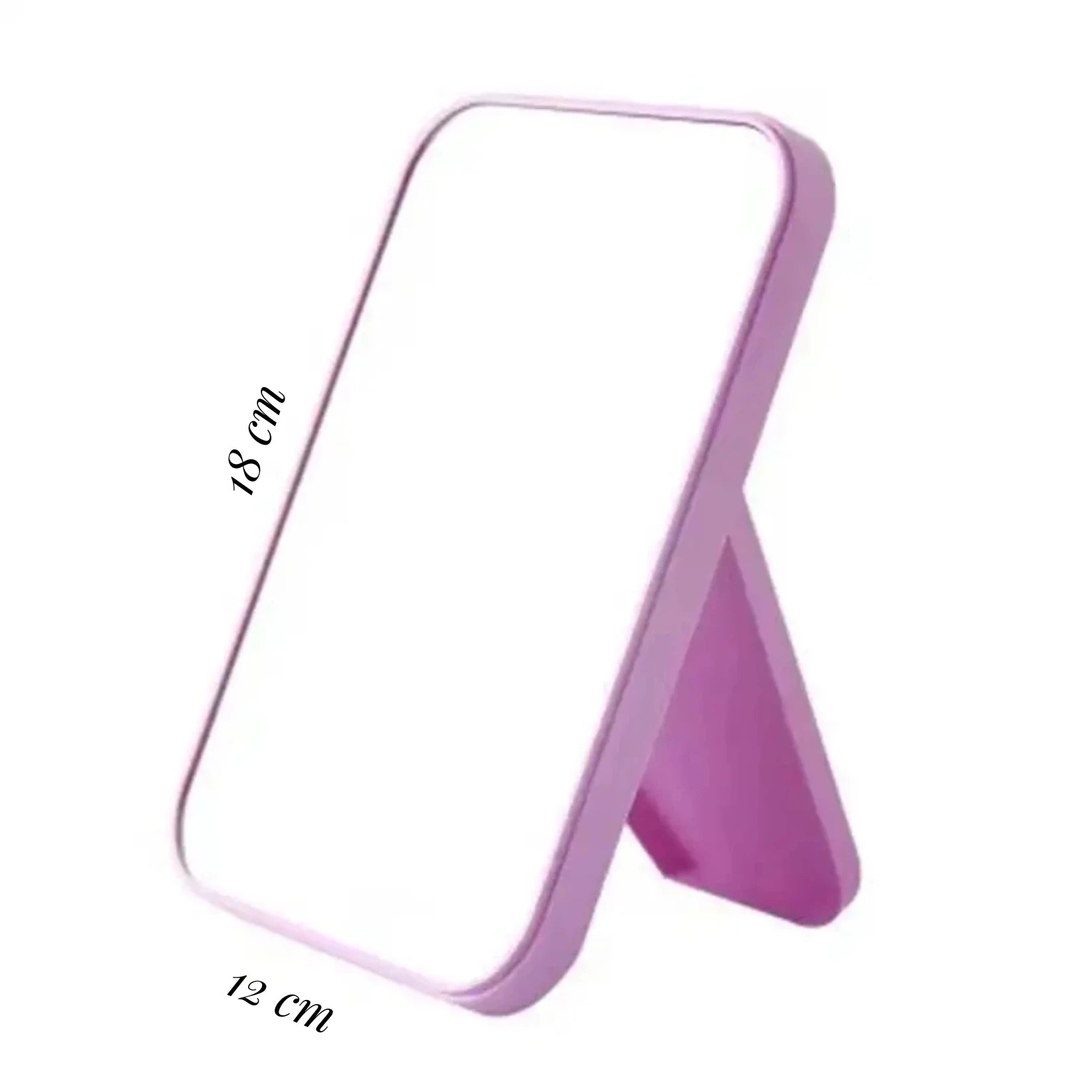 Miroir de poche rectangulaire pourpre 18x12 cm avec pied stable et design moderne.