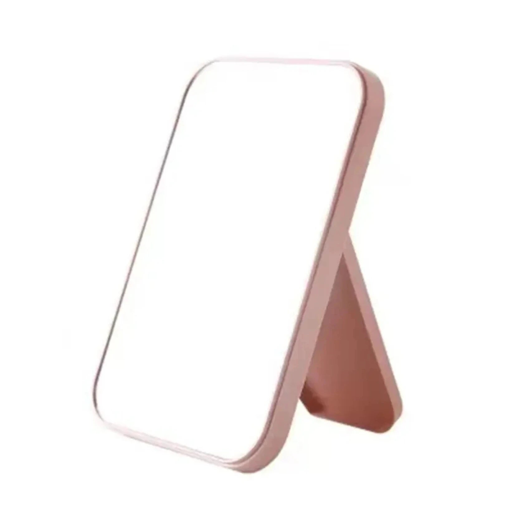 Miroir de poche rectangulaire rose avec support repliable pratique pour les retouches maquillage.