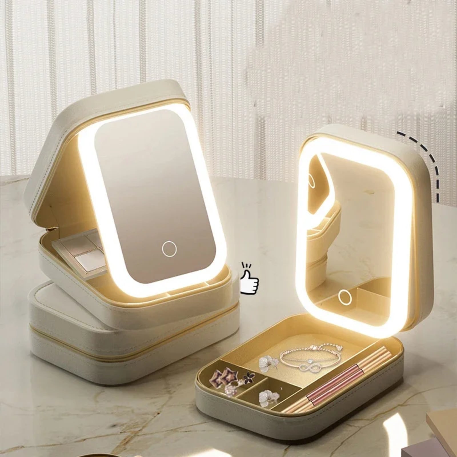 Miroir de sac LED vert avec commande tactile, reflet portrait et boîtier en PU résistant.