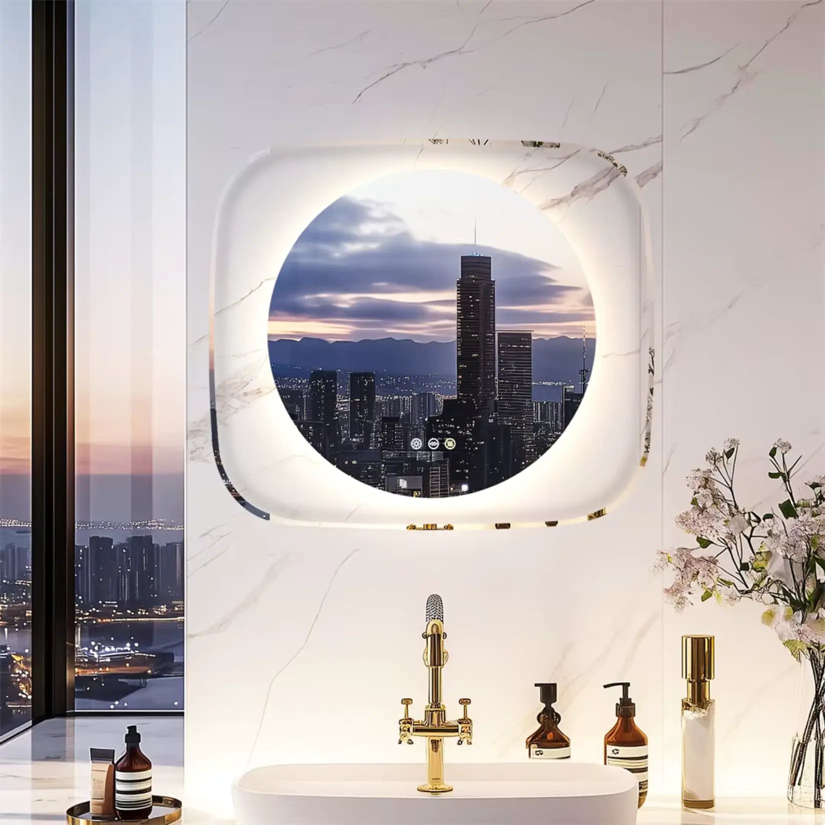 Miroir de salle de bain LED design rétroéclairé lumière blanche dans un appartement avec vue.