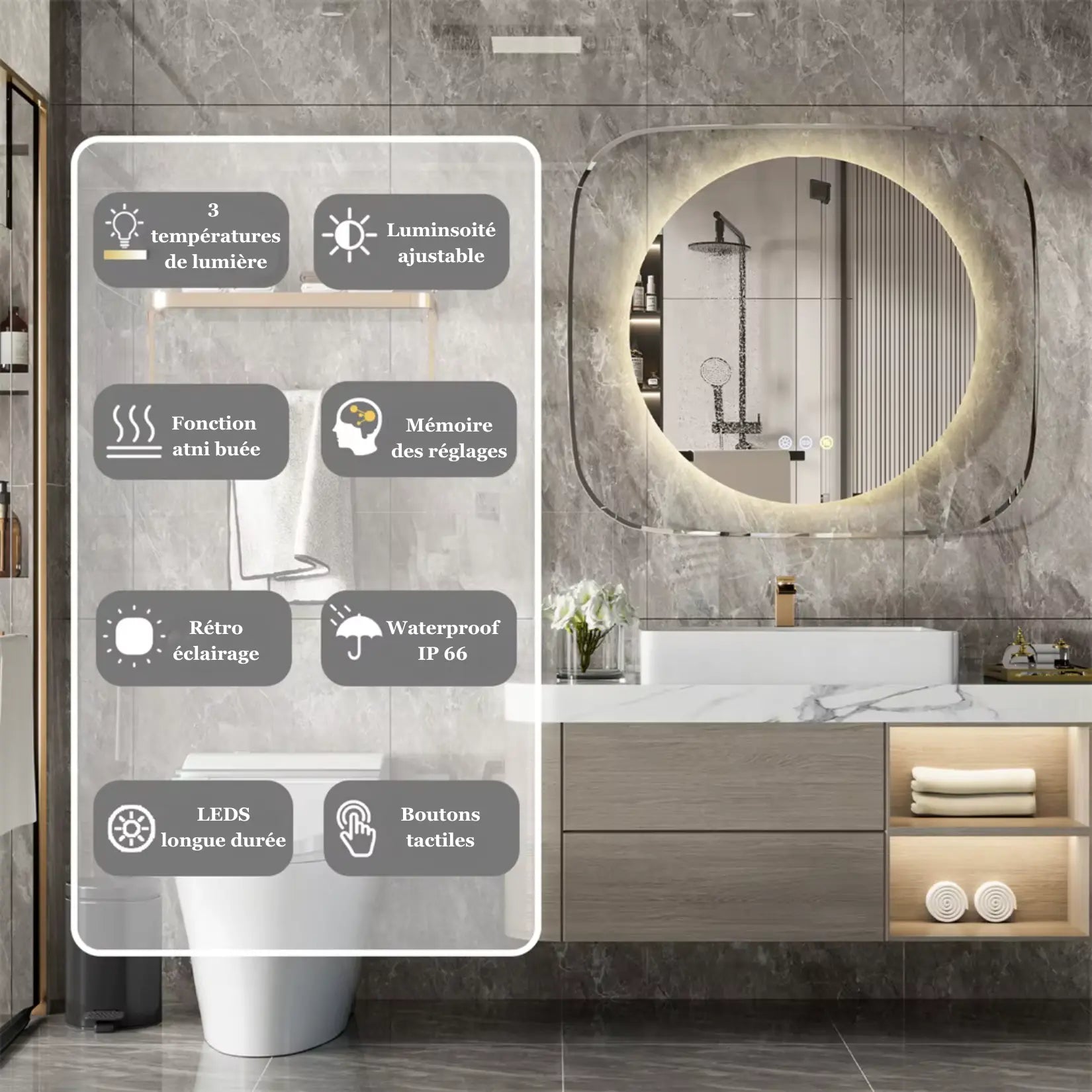 Détail des fonctionnalités du miroir de salle de bain LED moderne avec anti-buée, IP66 et tactile.